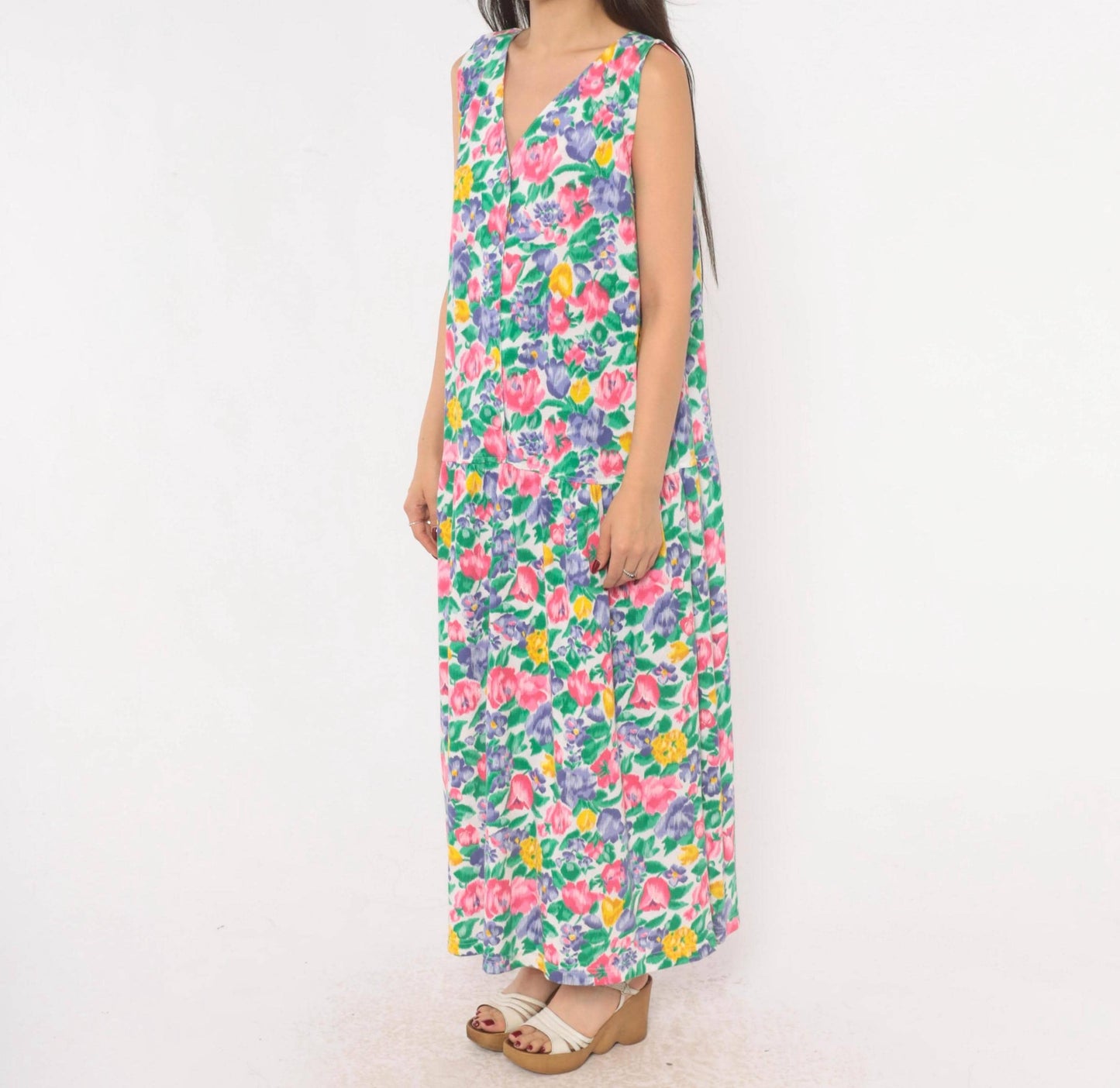 90s Fads Floral Maxi Dress Button Front V-Neck Sleeveless Pink Purple Extra Large XL