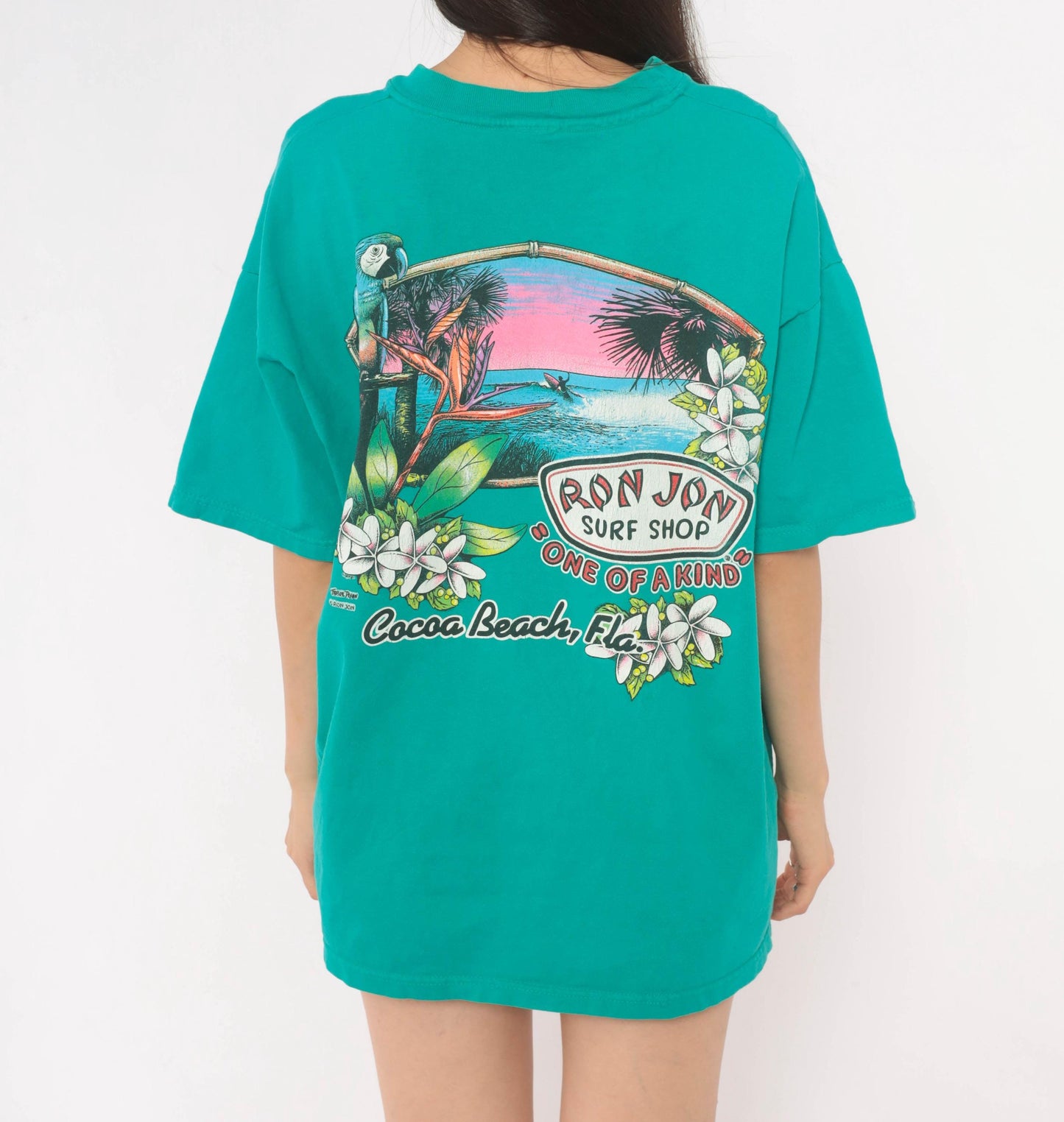Ron Jon Surf Shop Teal Parrot Graphic Tee Cocoa Beach Florida 00s Medium