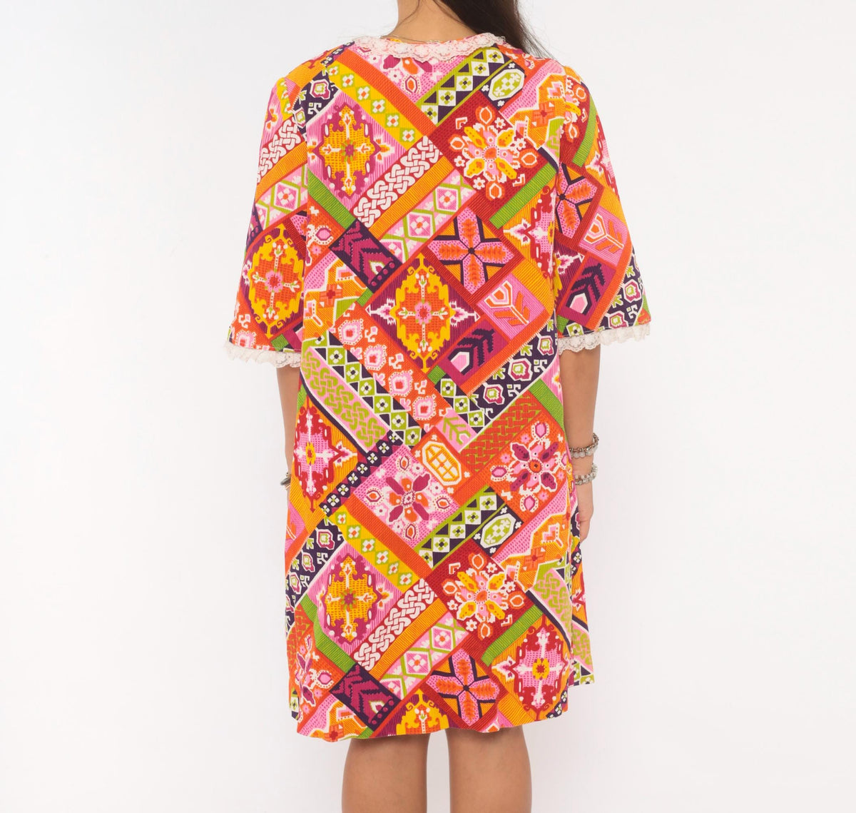 1970s Patchwork Button Front Shift Dress Knee Length Cotton Multicolor Medium M