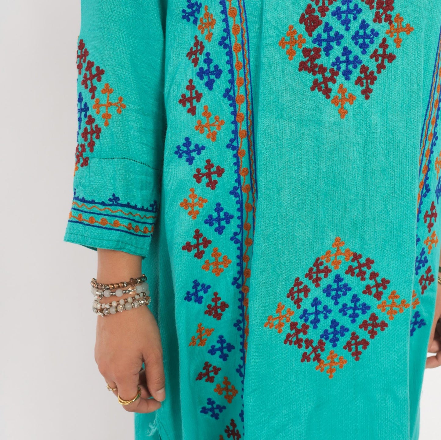 Y2K Teal Cotton Kaftan Embroidered Cross Stitch Diamond Tunic Dress Medium M
