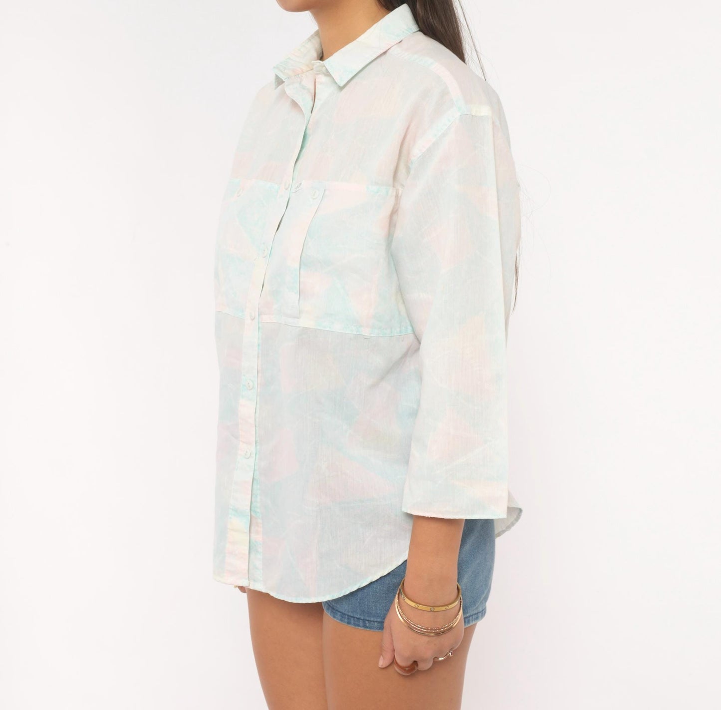 90s Alais Pastel Watercolor Button-Up Blouse Pink Blue Cotton Medium M