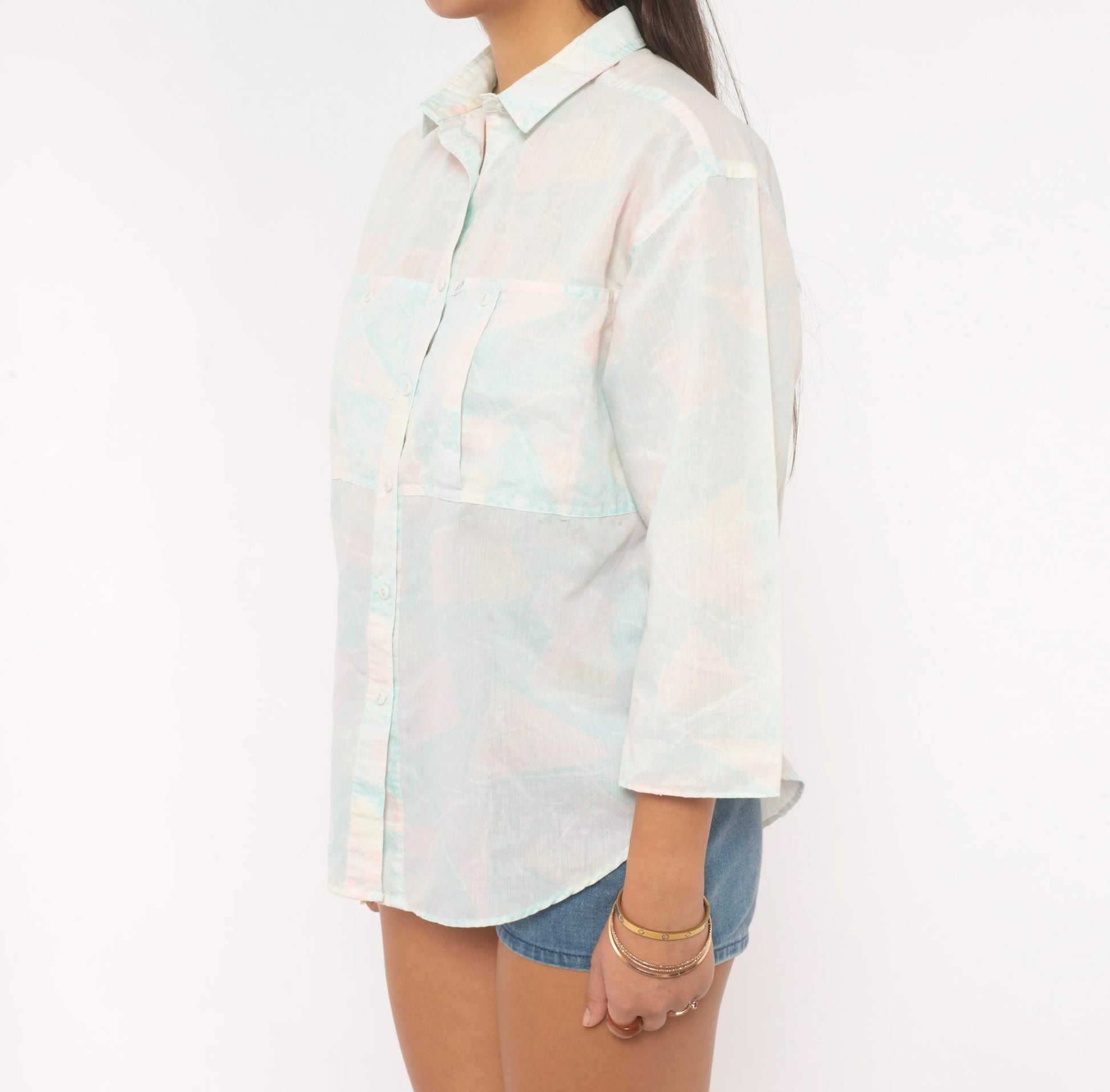 90s Alais Pastel Watercolor Button-Up Blouse Pink Blue Cotton Medium M