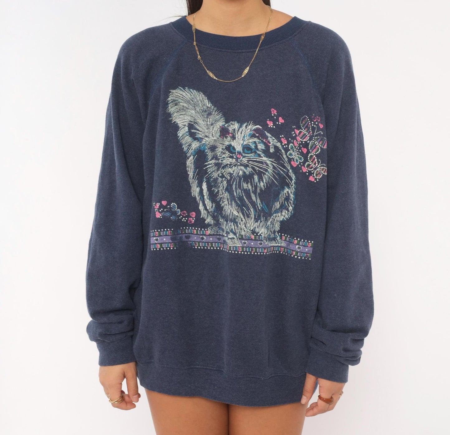90s Hanes Cat Butterfly Sweatshirt Navy Blue Graphic Crewneck Raglan Large L