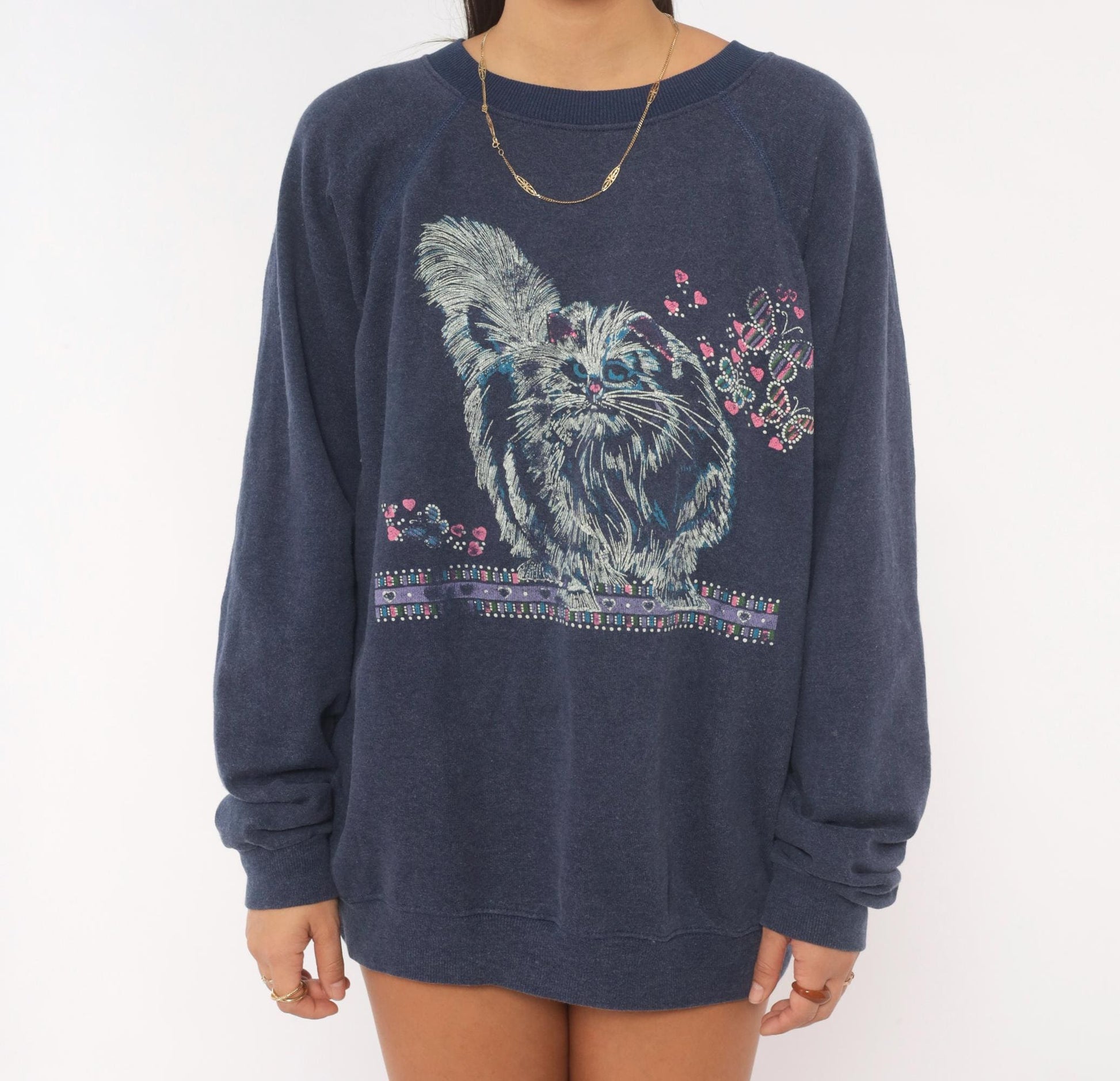 90s Hanes Cat Butterfly Sweatshirt Navy Blue Graphic Crewneck Raglan Large L