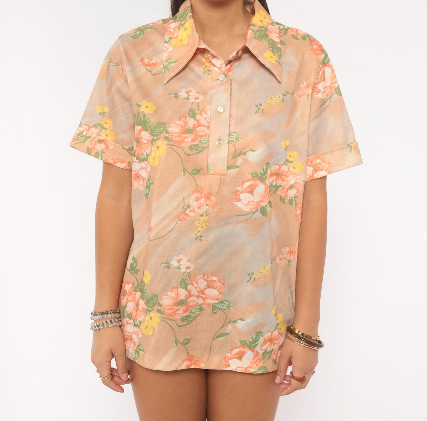 70s Floral Polo Shirt Peach Tan Rose Print Collared Pullover Large L