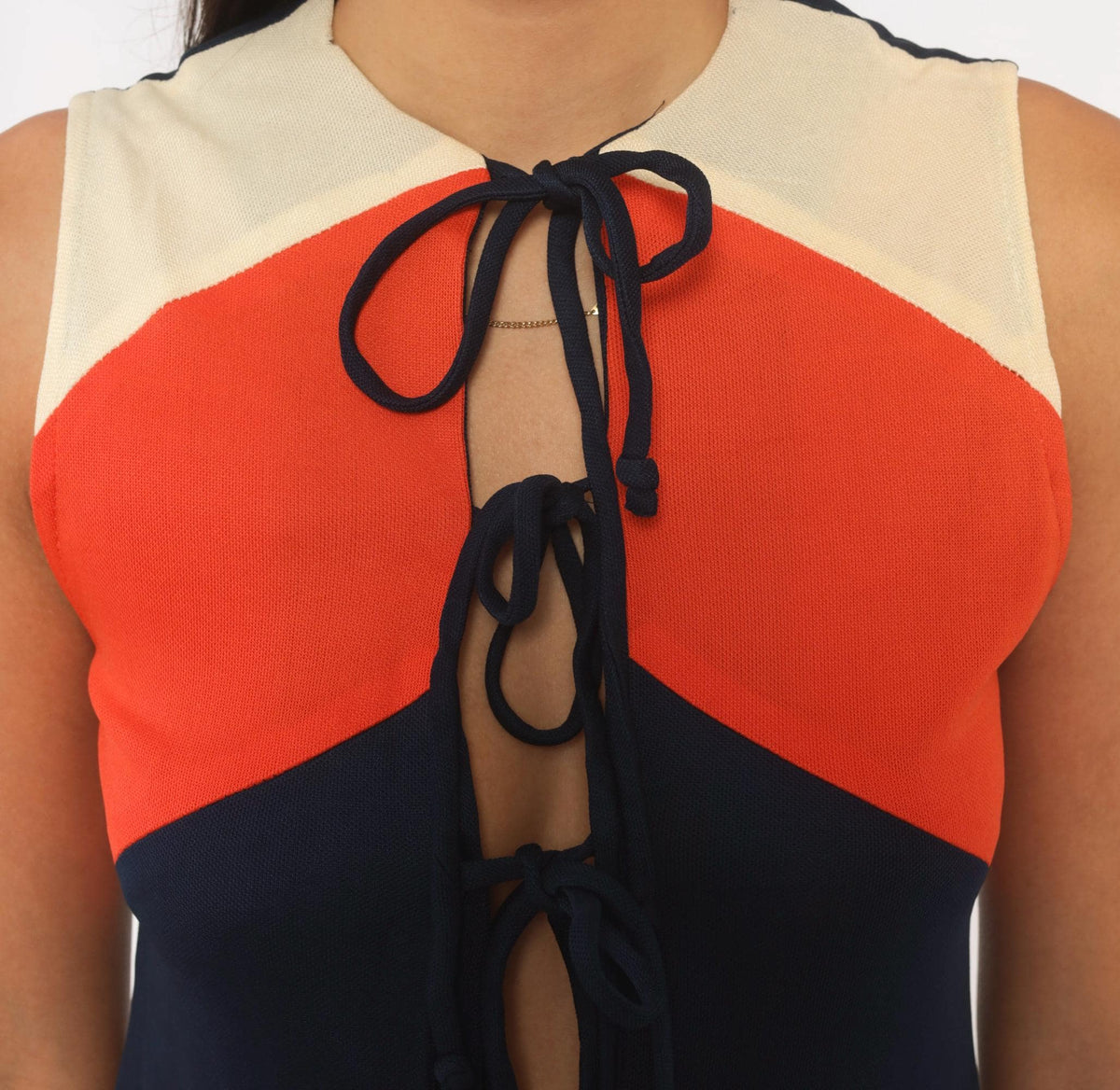 60s Your Own Things Chevron Tie-Front Tunic Vest Navy Cream Coral Mini Small