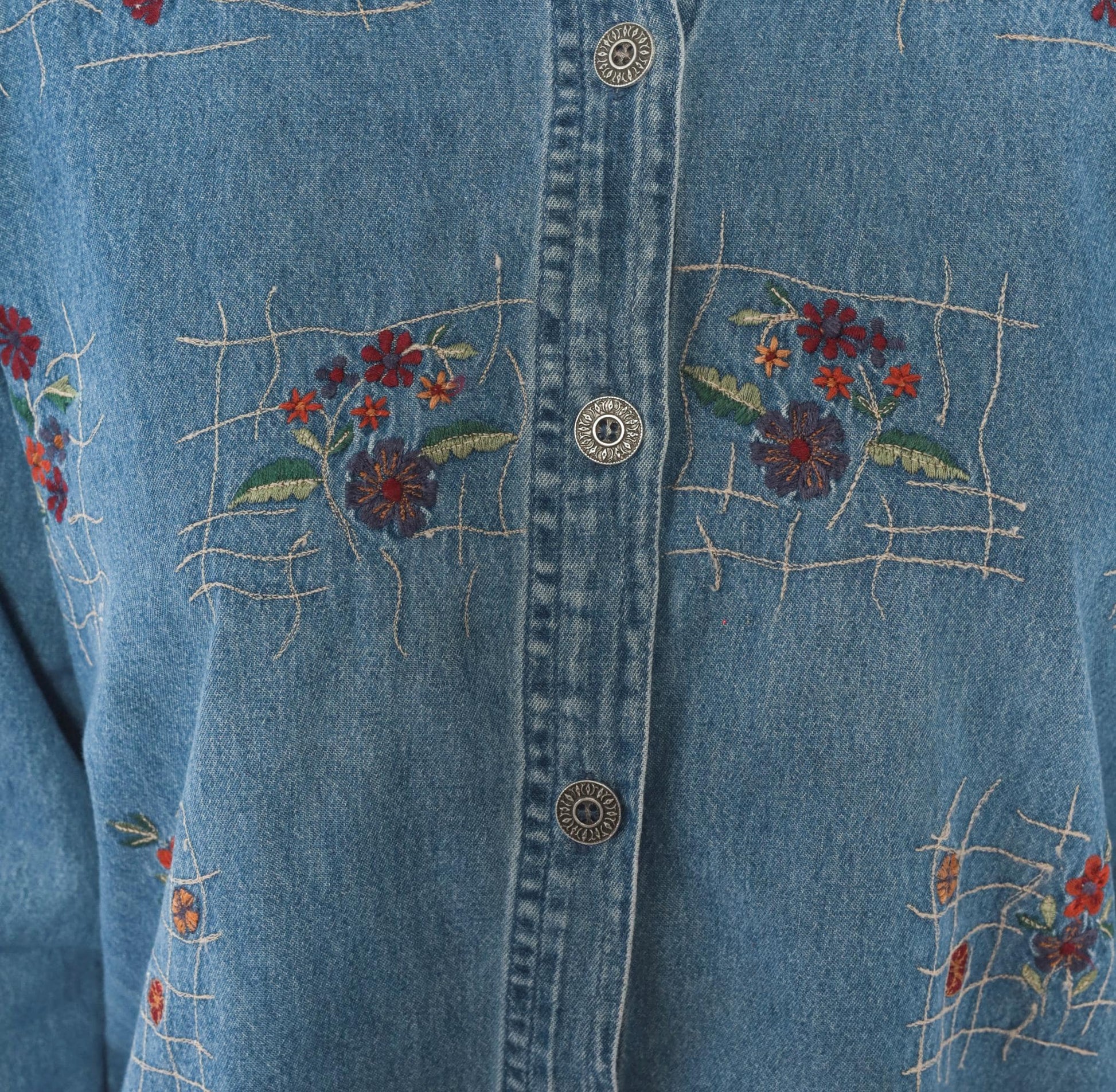 90s Floral Embroidered Denim Shirt Cotton Button-Up Lattice Trellis Large L