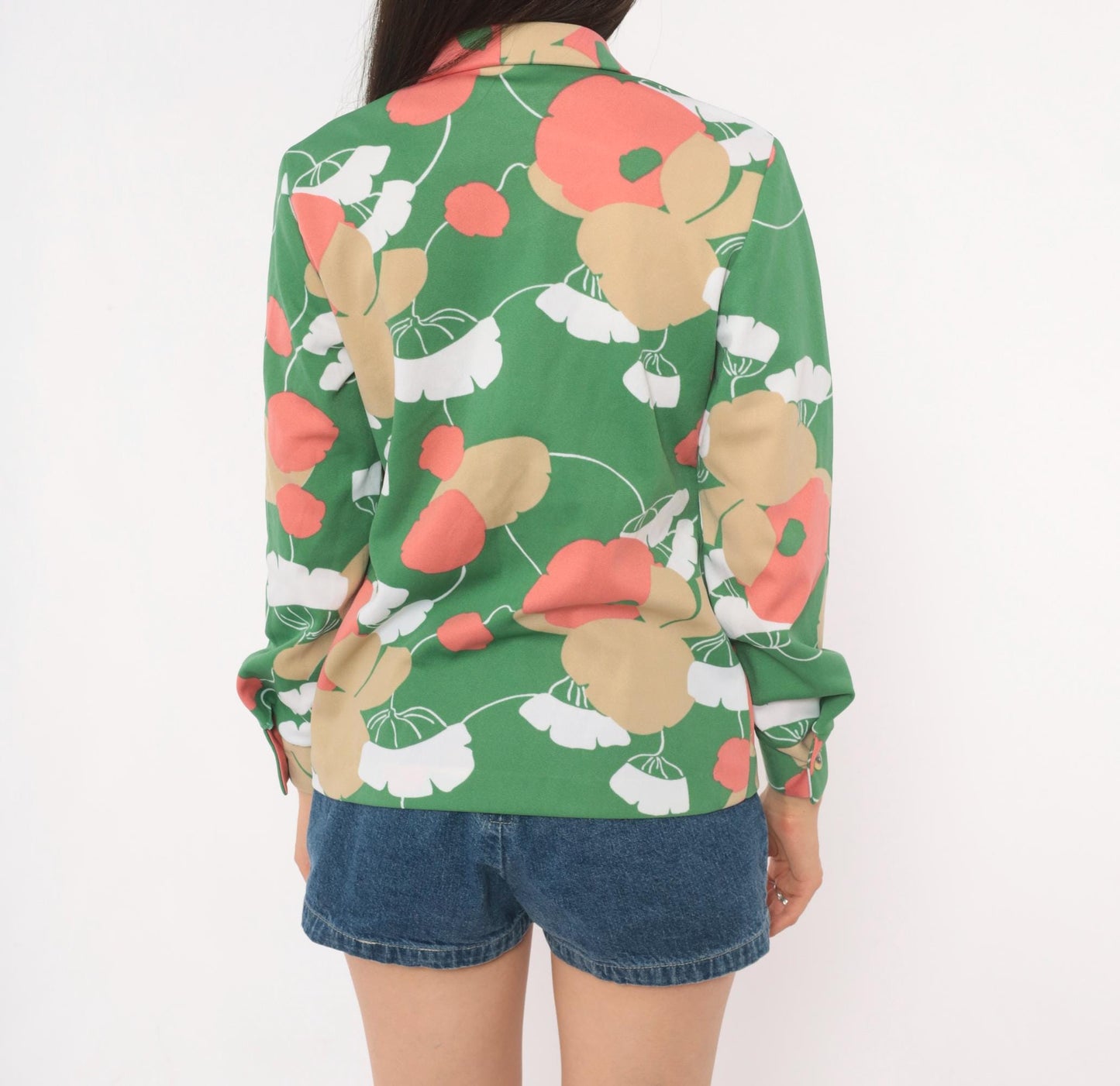 70s Lady Carol Floral Blouse Green Poppy Pussy Bow Button Front Medium