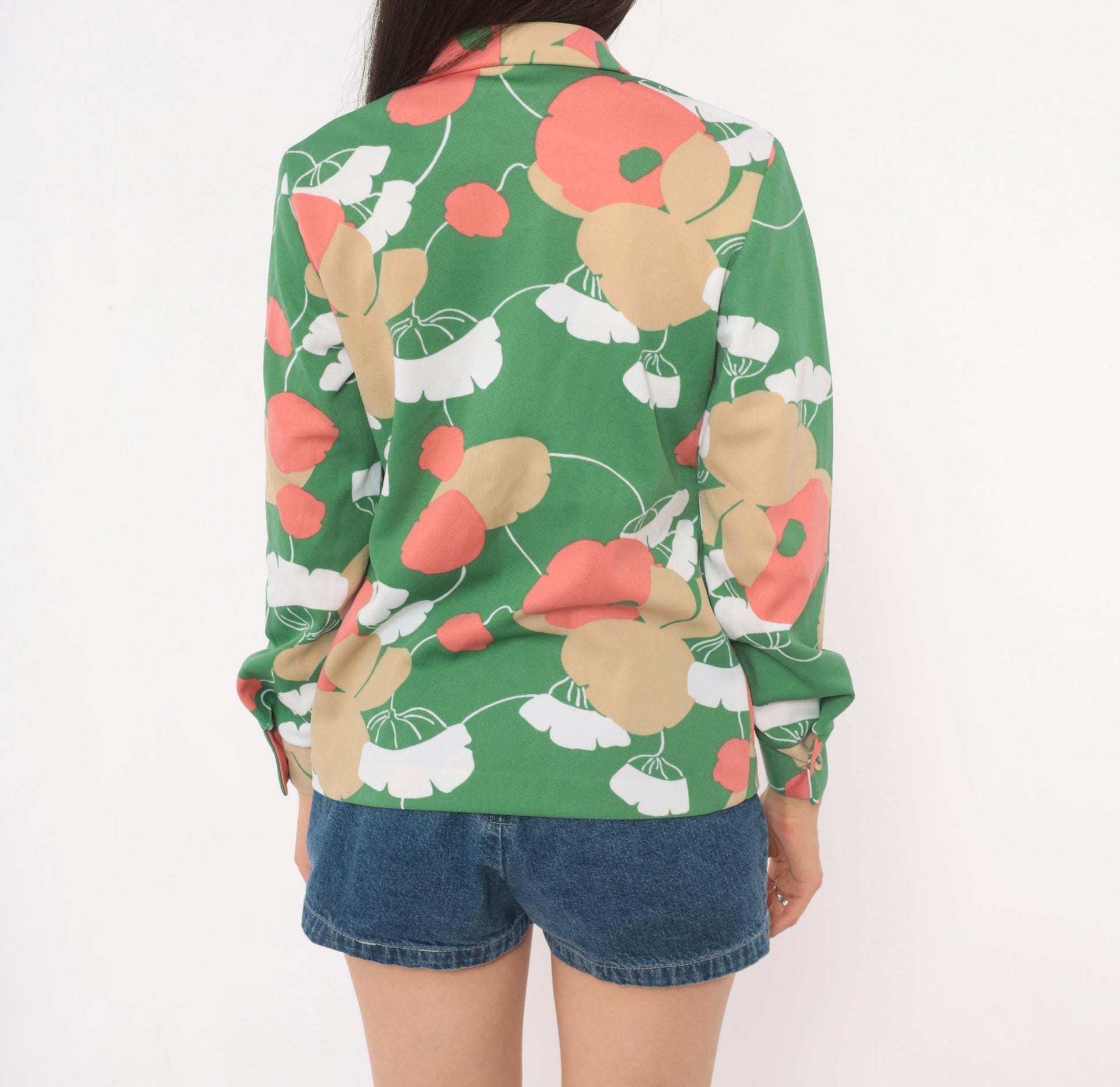 70s Lady Carol Floral Blouse Green Poppy Pussy Bow Button Front Medium