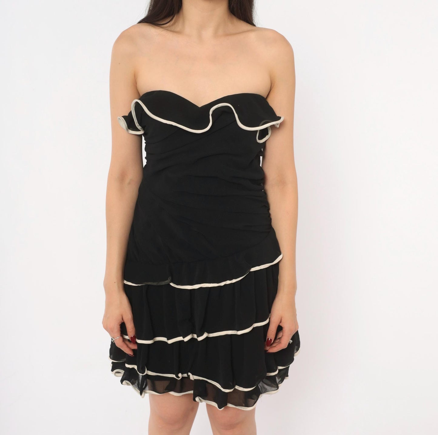 Y2K Black Mini Dress Sweetheart Neckline White Piping Ruched Bustier Medium M