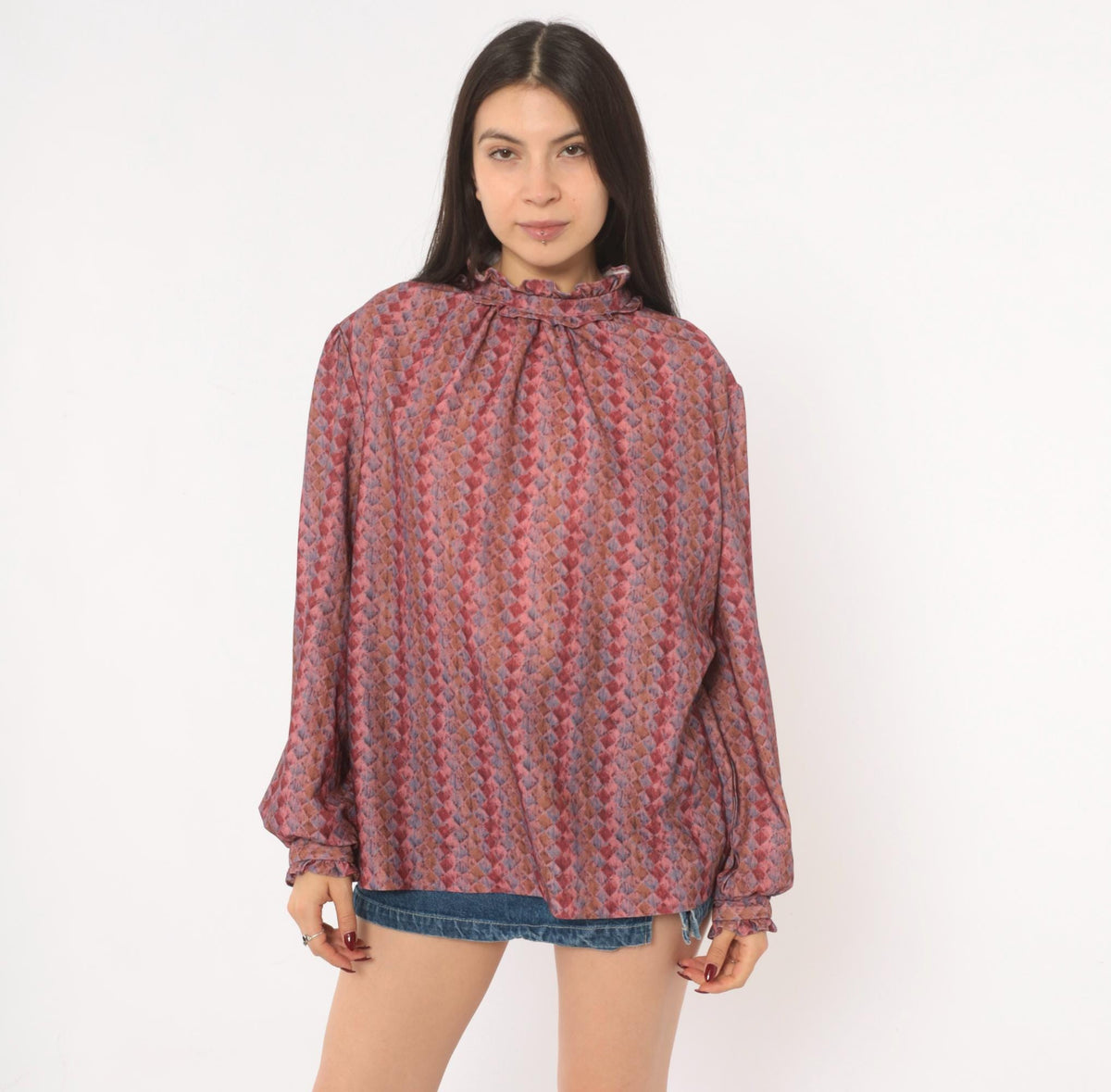 70s La Grande Petite Diamond Harlequin Blouse Ruffle Neck Puff Sleeve Dusty Rose Extra Large