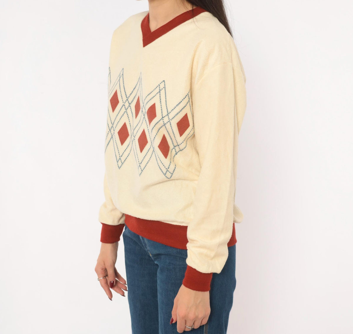 70s Windjammer Argyle V-Neck Pullover Sweatshirt Cream Burgundy Medium M