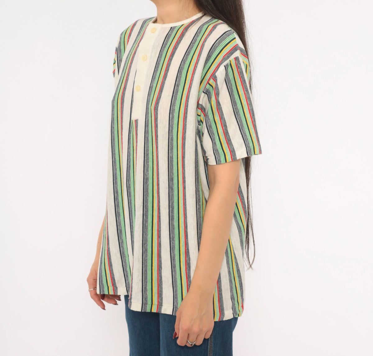 70s Esprit Multicolor Striped Henley Short Sleeve Cotton Shirt Extra Large XL