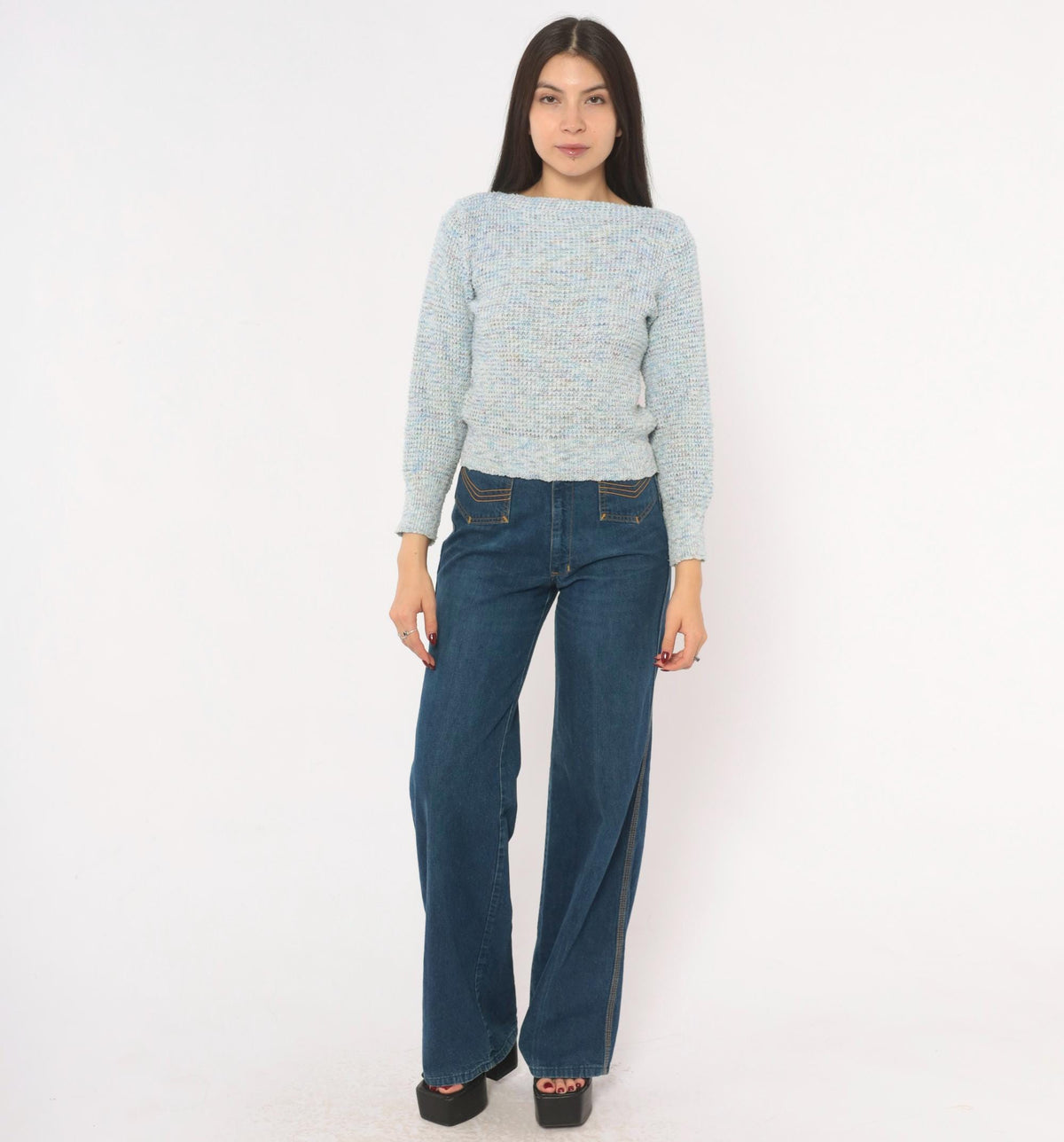 70s Powder Blue Speckled Knit Sweater Boat Neck Cropped Small