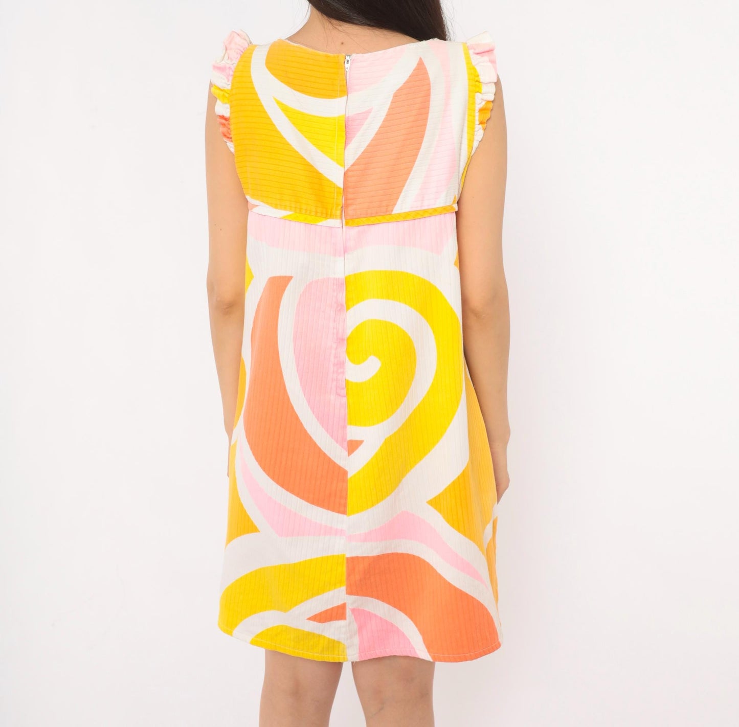 70s Andrade Hawaiian Swirl Mini Dress Yellow Pink Orange Ruffle Cap Sleeve Small