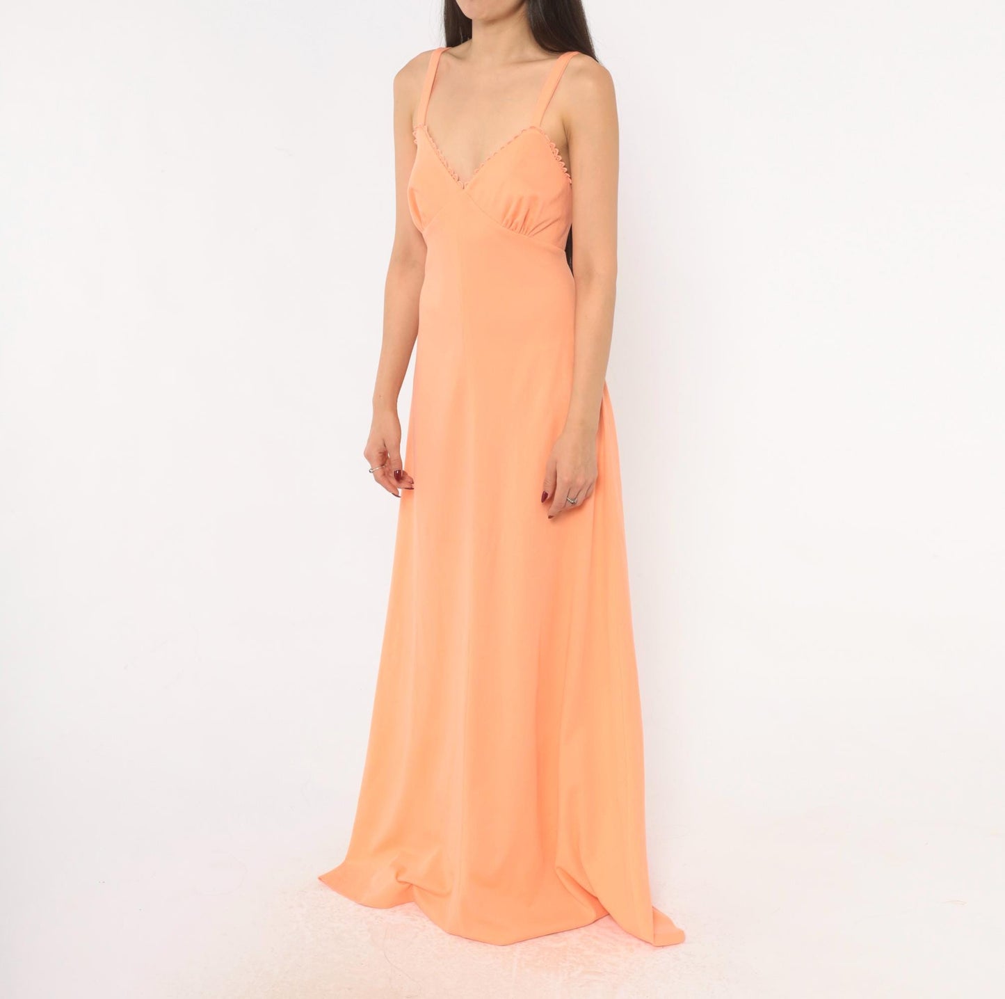 70s Peach Maxi Dress V-Neck Empire Waist Scalloped Lace Spaghetti Strap Medium M