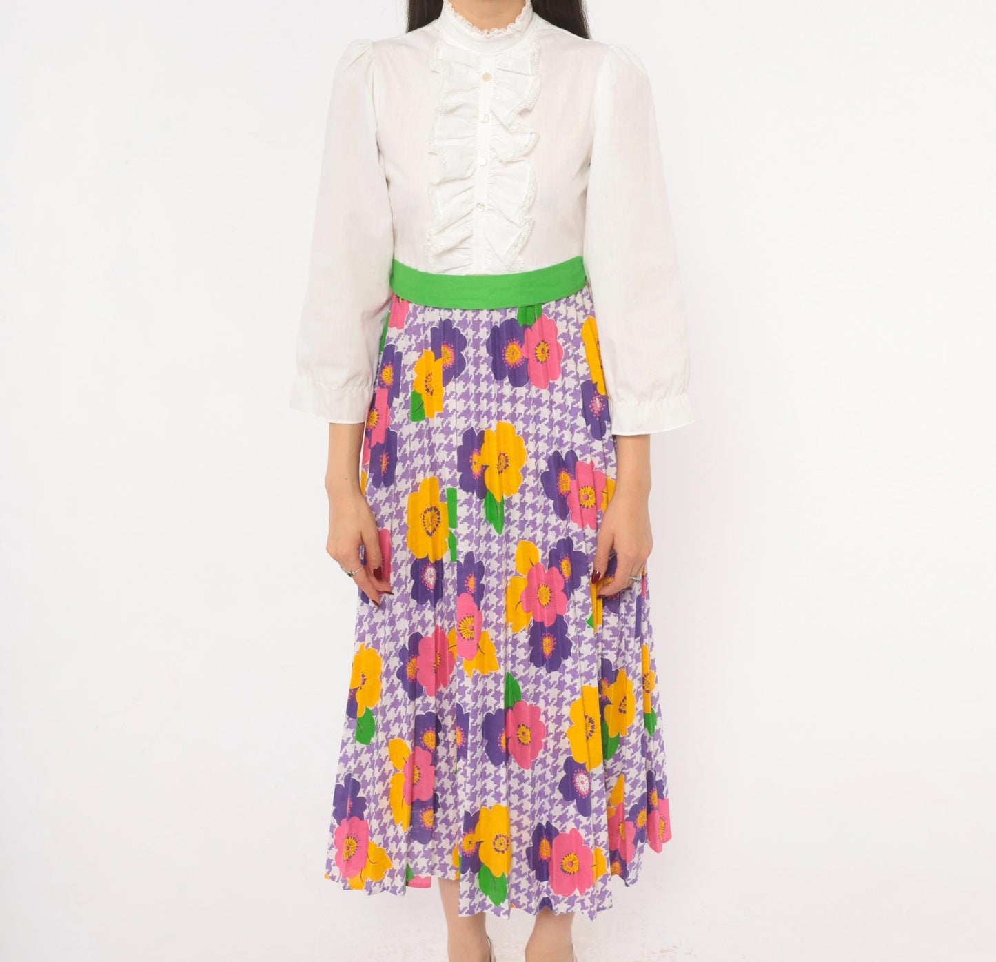 70s Growing Girl Floral Midi Dress Puff Sleeve High Neck White Purple Pink Extra Small XS