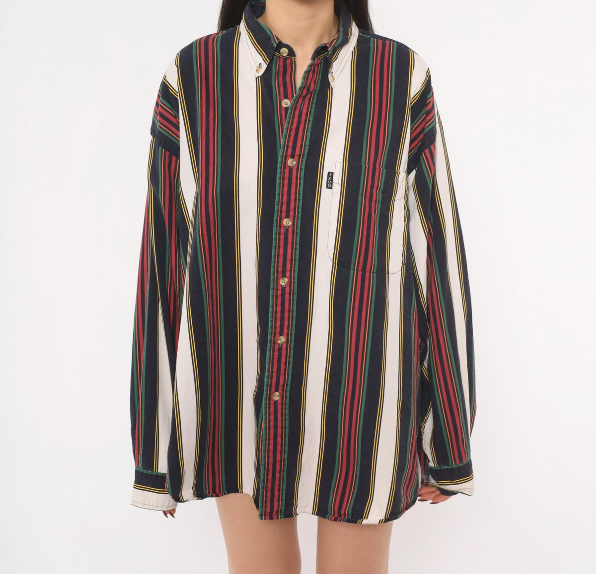 90s Izod Striped Button Down Shirt Navy Burgundy Green Gold Large L