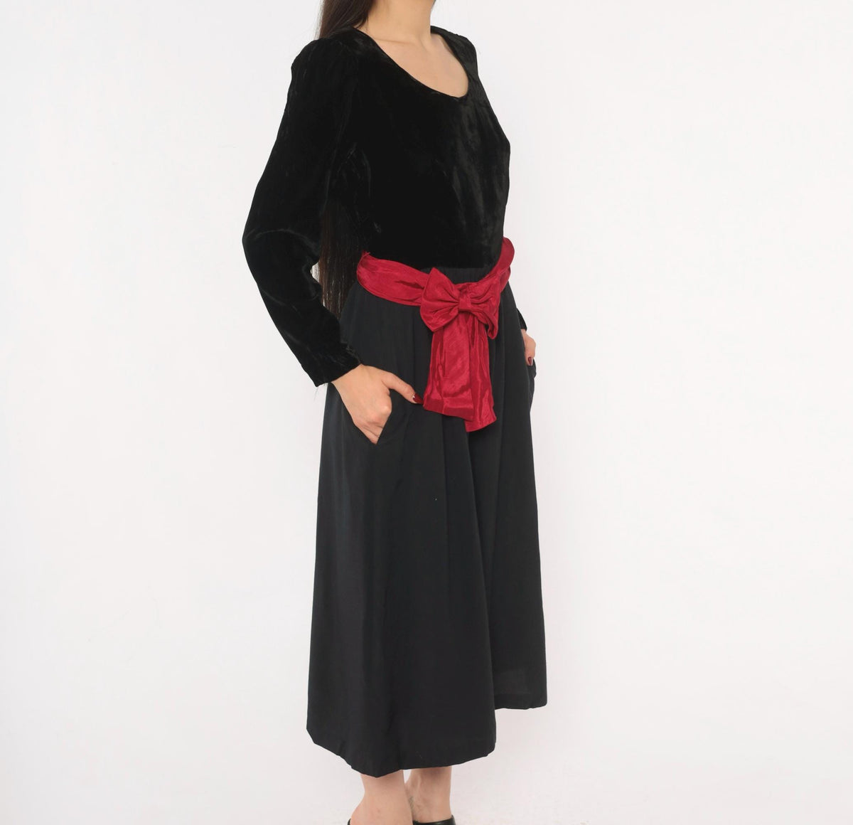 90s Petite Lanz Black Velvet Jumpsuit Burgundy Sash Puff Sleeve Small S