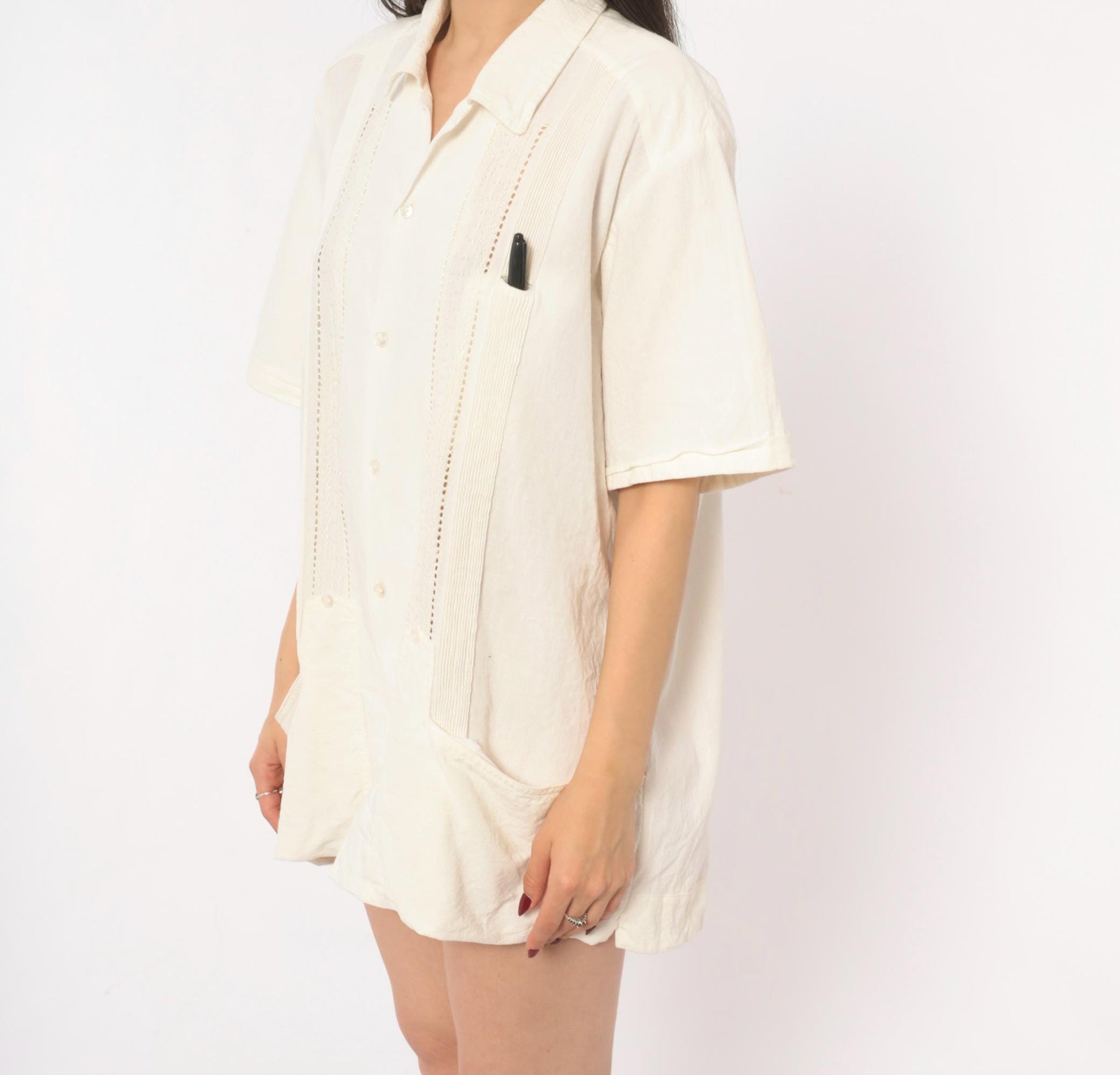 90s Cream Cotton Camp Shirt Pintuck Lace Panel Ivory Mens Large L