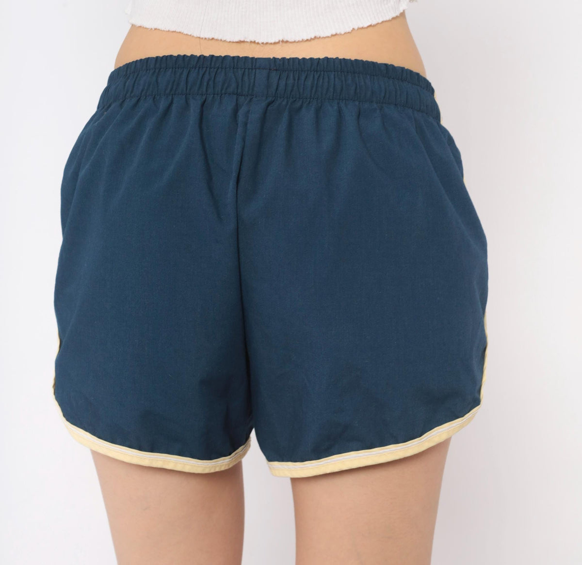80s Jantzen Navy Running Shorts Cream Piping Dolphin Hem Cotton Medium