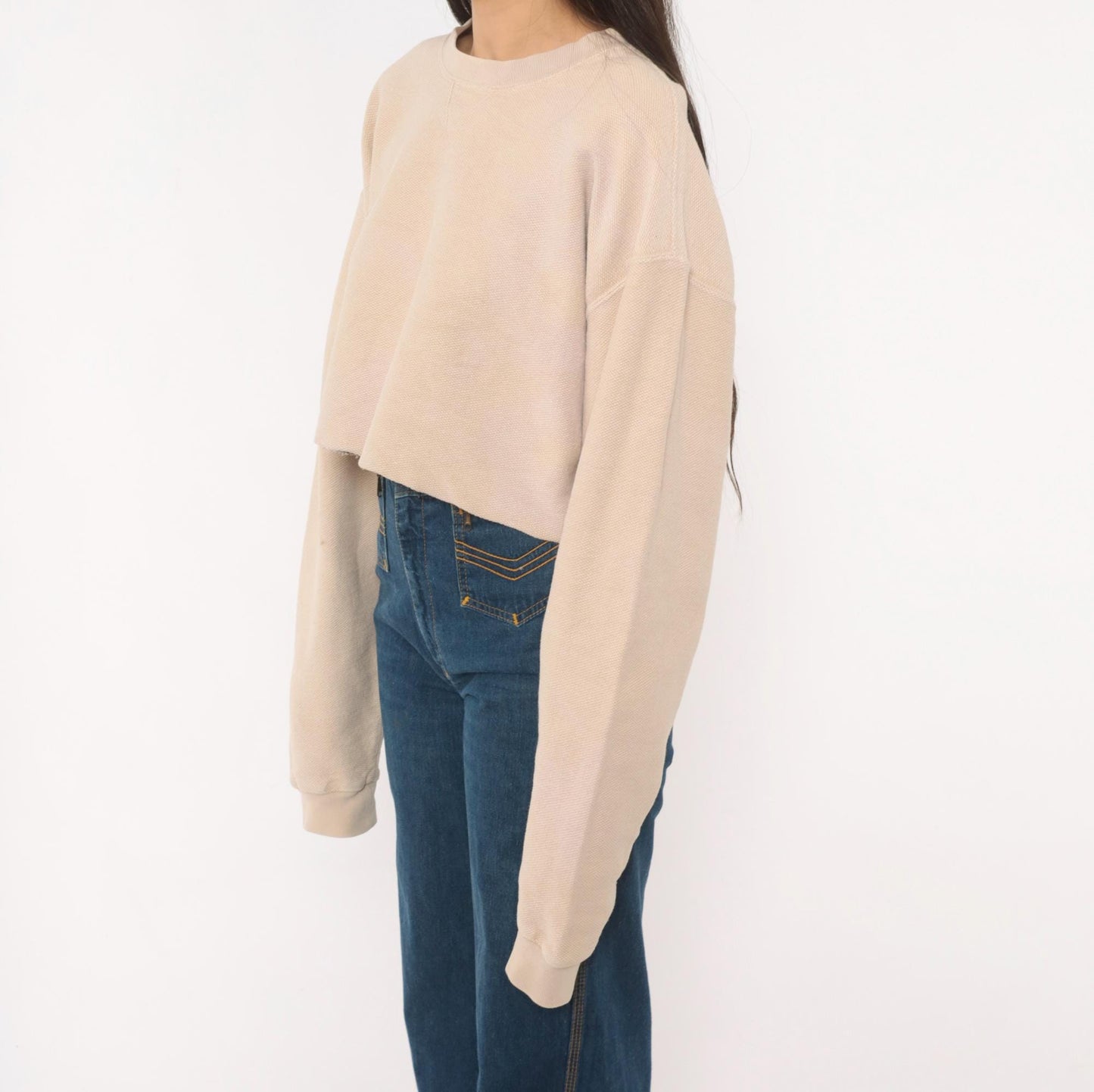 90s Lands' End Cropped Sweatshirt Tan Cotton Raglan Small