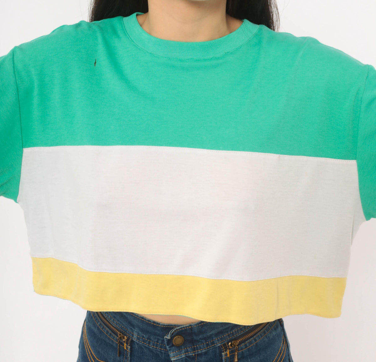 80s Color Block Crop Top Green White Yellow Cotton Medium M