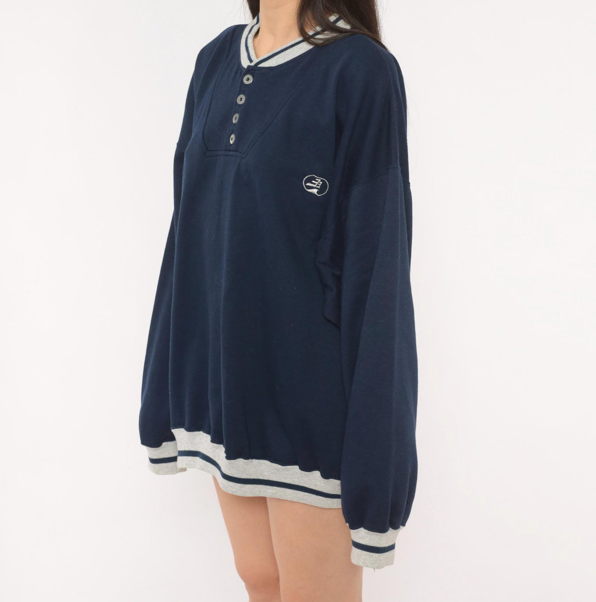 80s Puritan Navy Henley Sweatshirt Grey Stripe Snap Placket Plus Size XXL