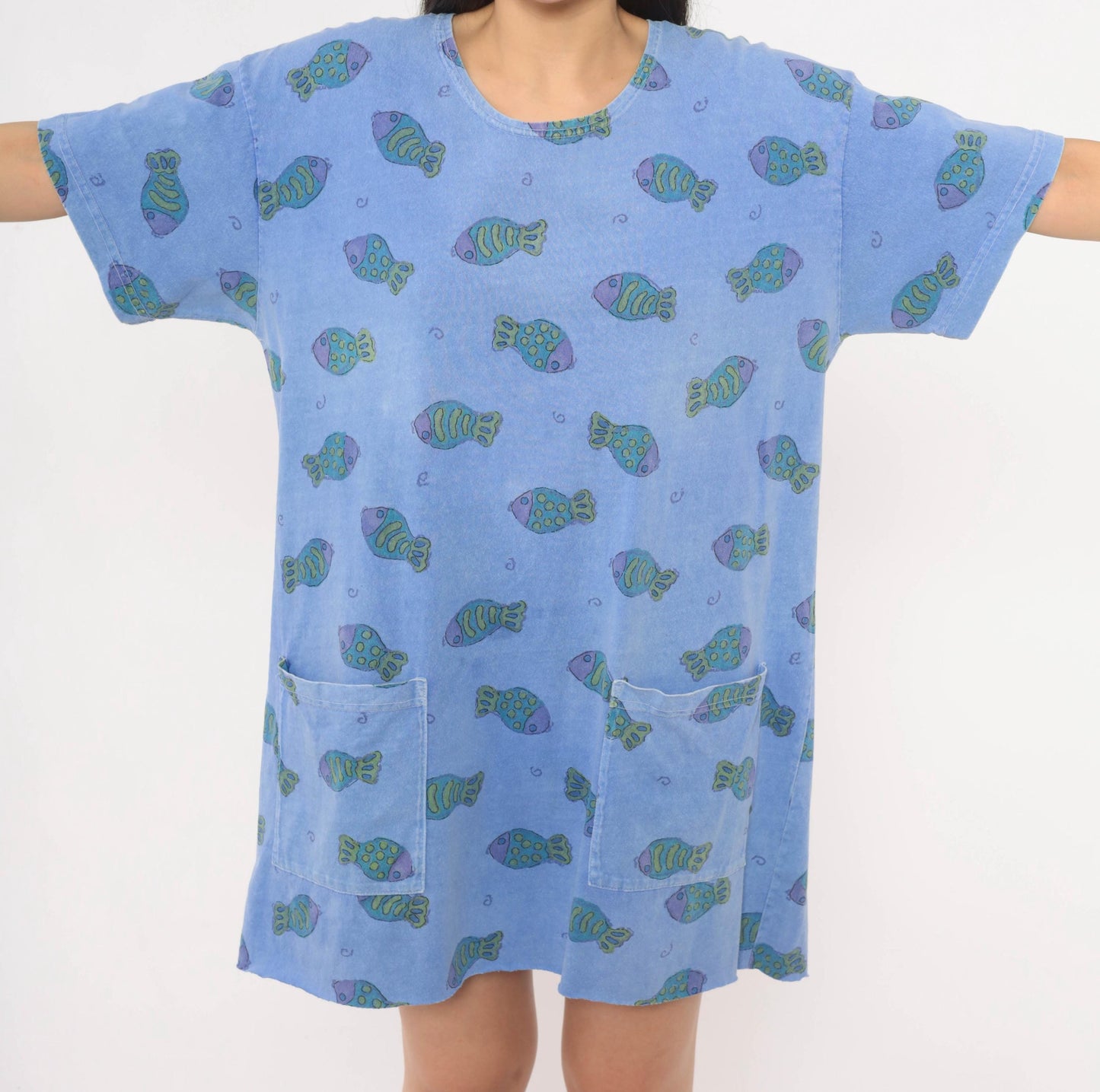 Fresh Produce Fish Print Tunic Dress Periwinkle Cotton Scoop Neck Small