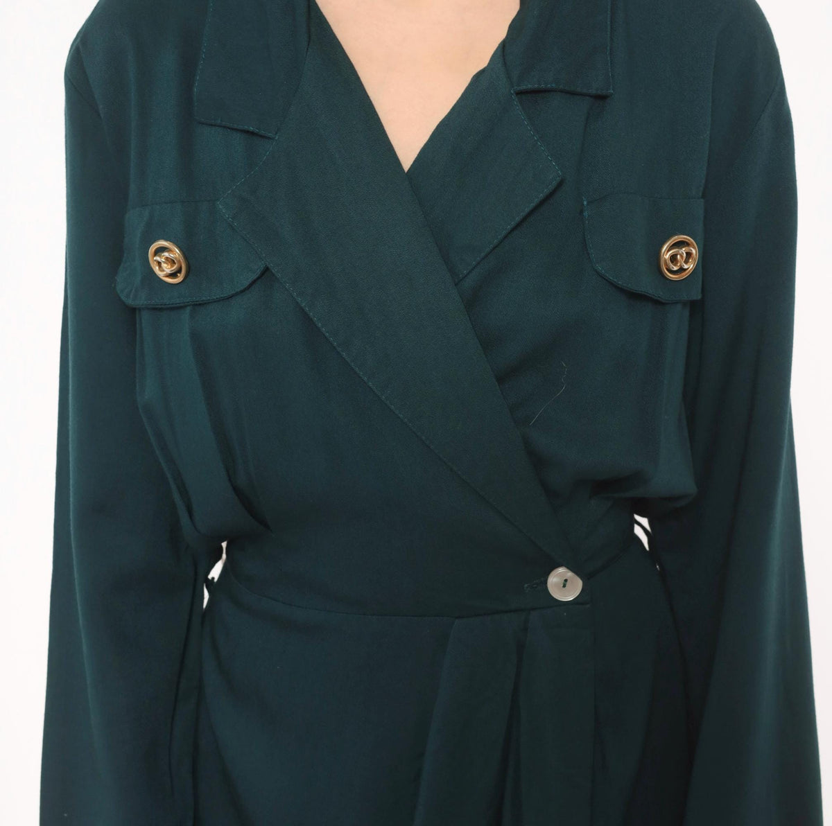 90s Deborah Teal Wrap Dress Gold Button Notched Collar Knee Length Small