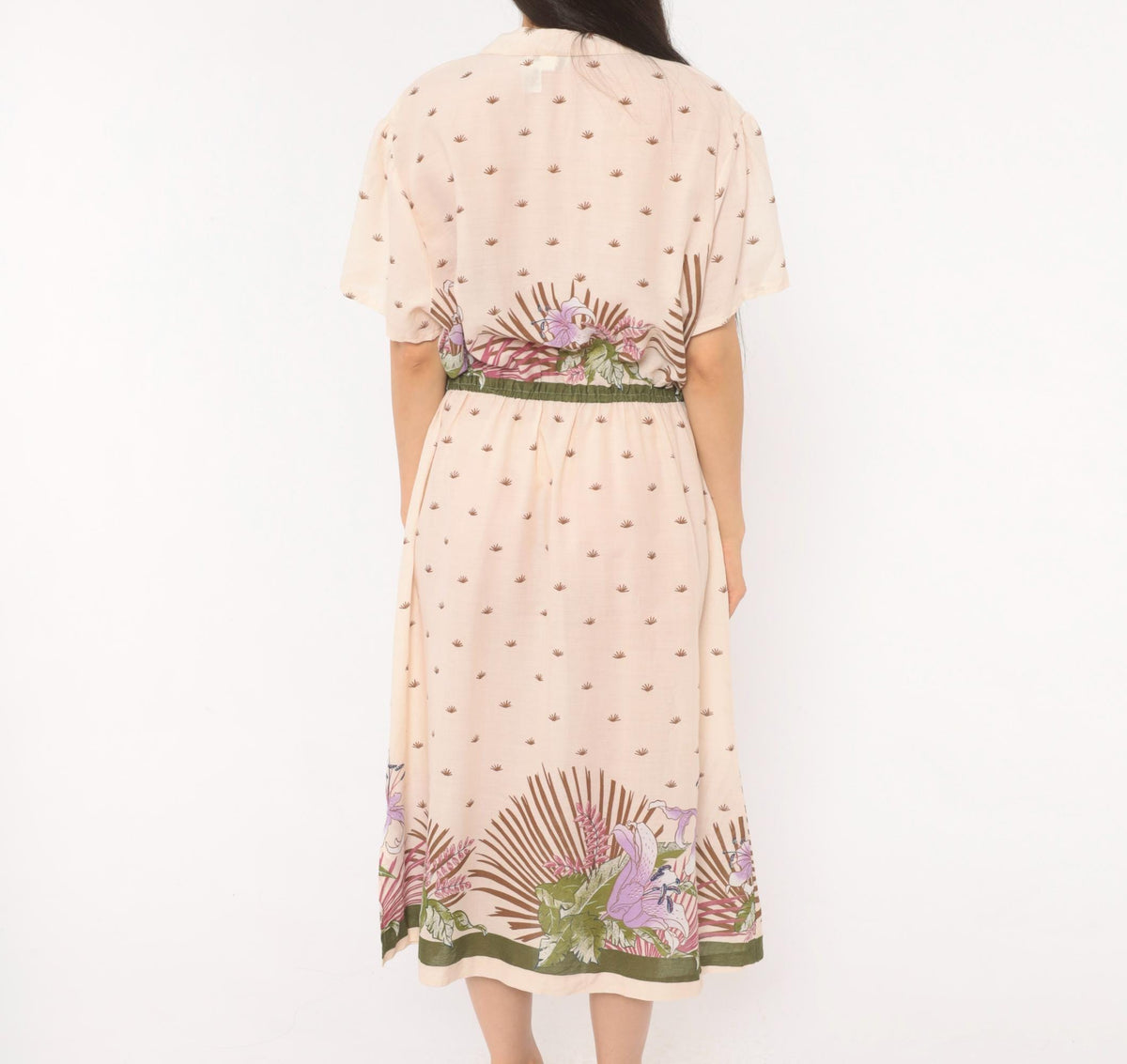 80s Jenny Wren Tropical Border Midi Dress Cotton Button Front Cream Extra Large