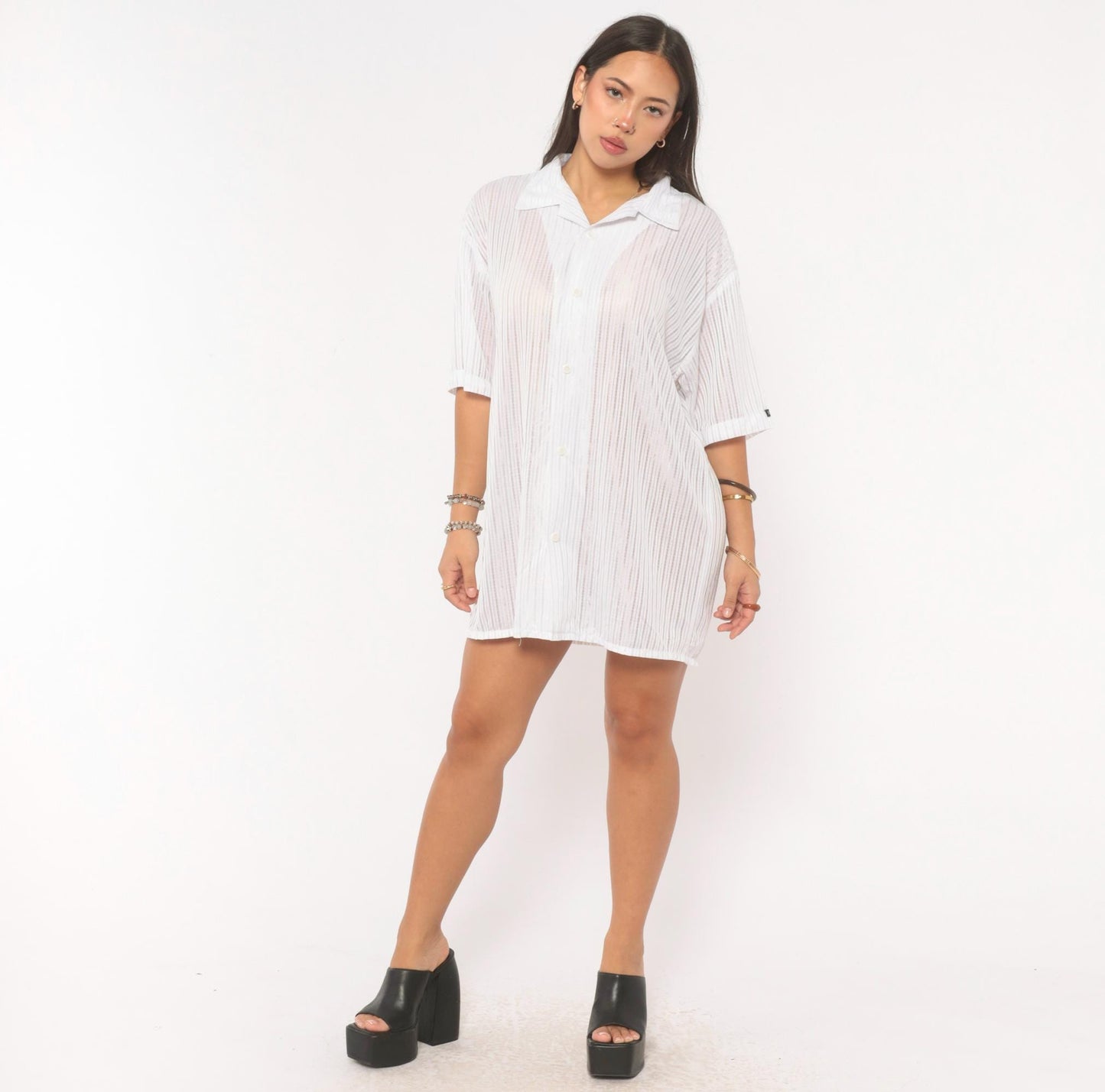 Y2K Solo White Striped Camp Collar Shirt Short Sleeve Plus Size 2X