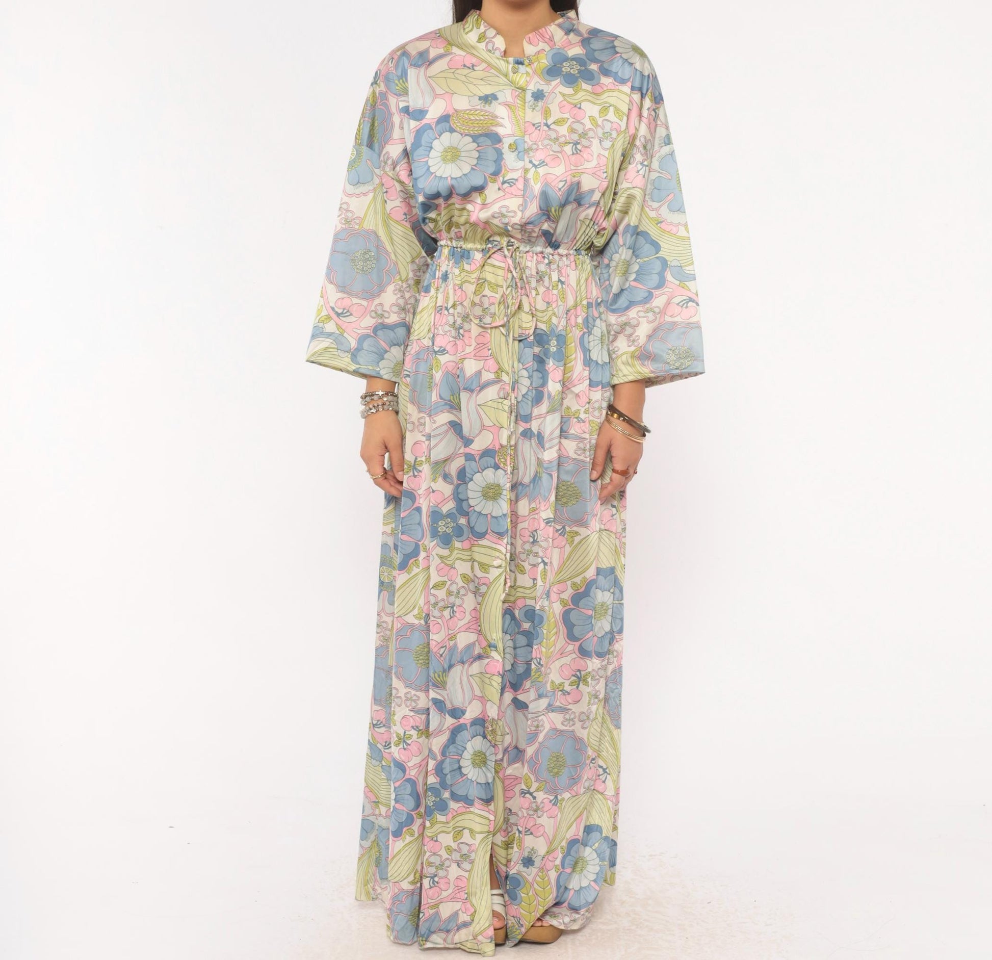 70s Vanity Fair Psychedelic Floral Maxi Dress Nylon Kimono Sleeve Medium