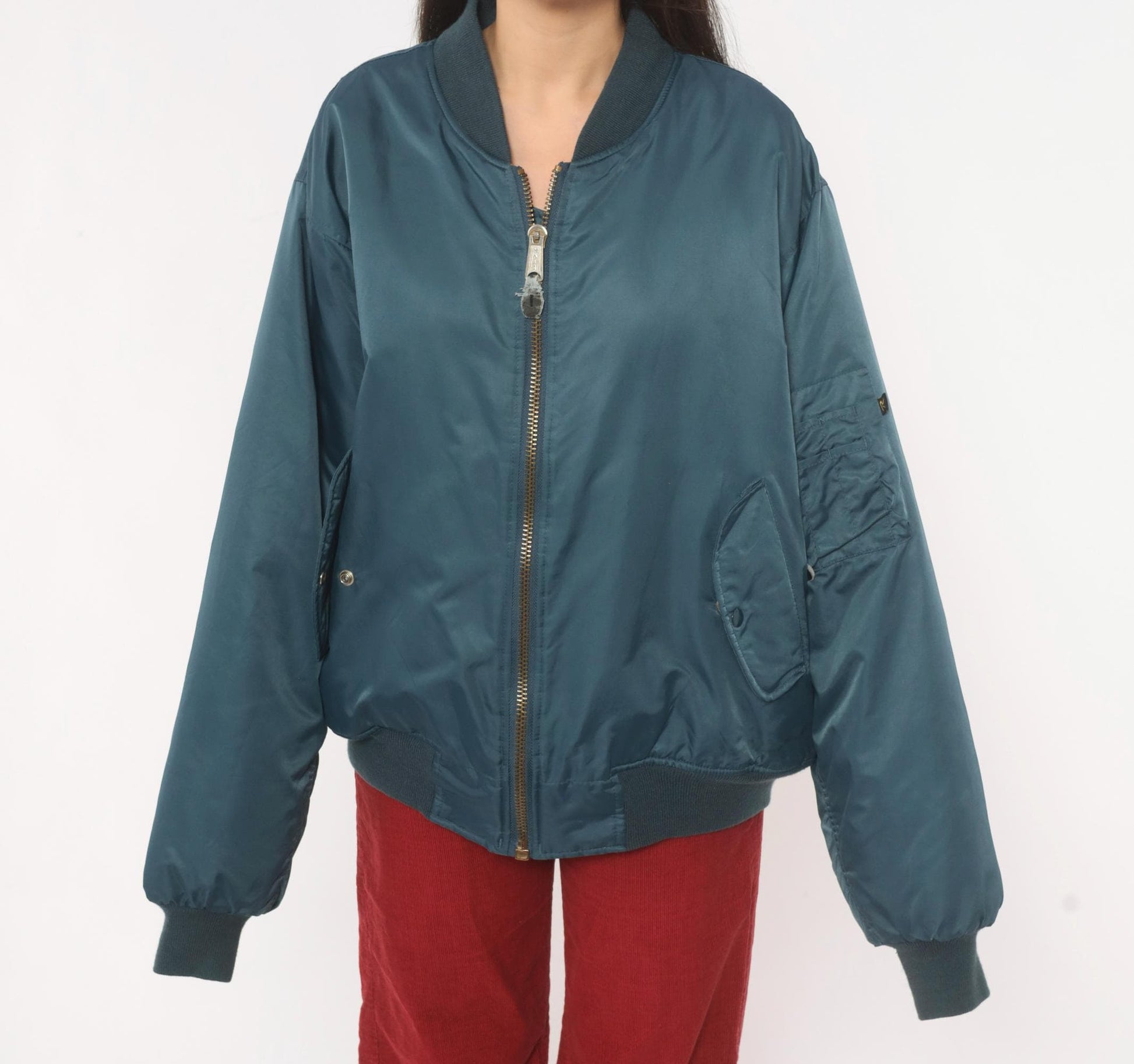90s Rothco MA-1 Bomber Jacket Slate Blue Reversible Orange Flight Coat Large L