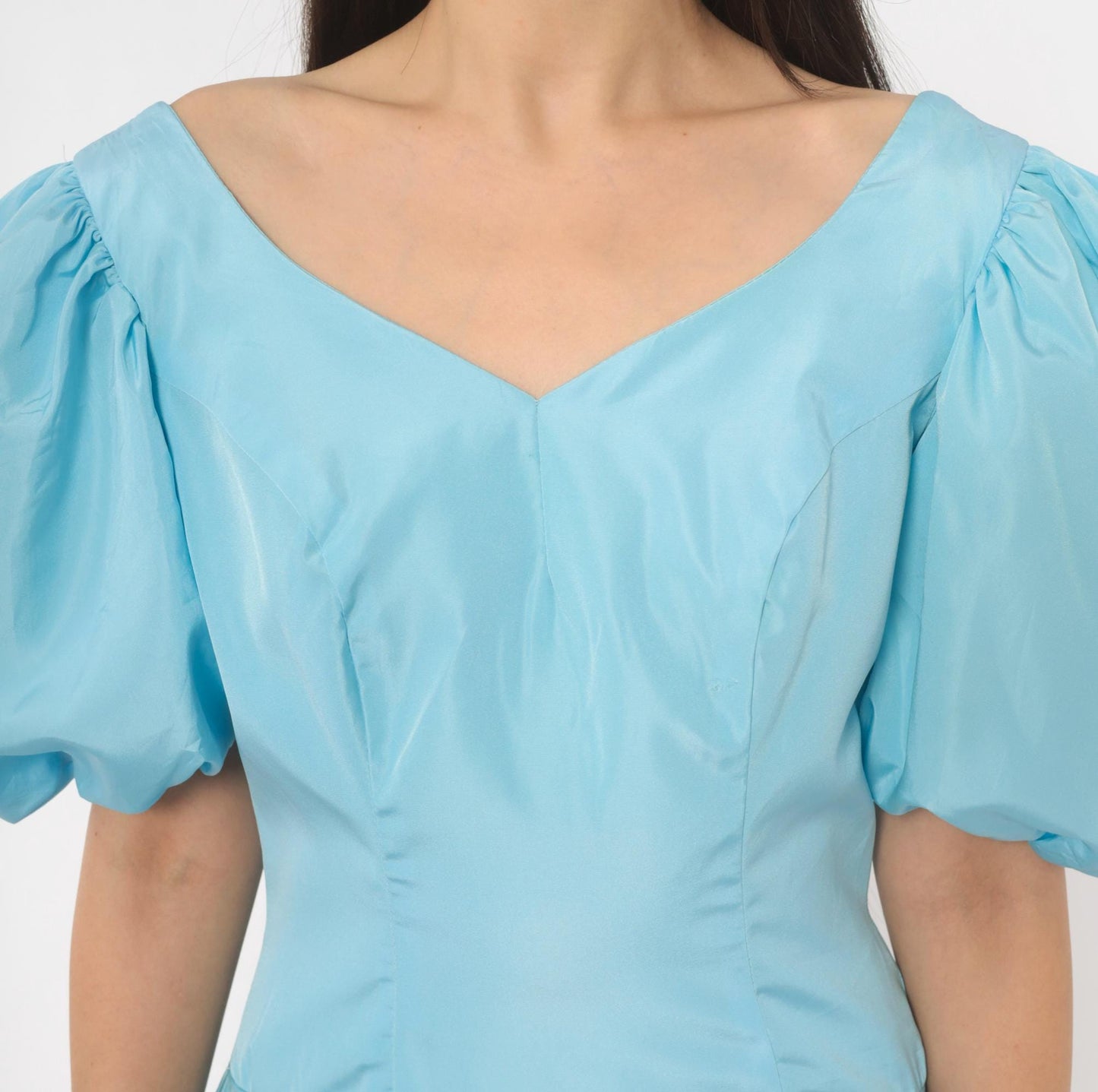 80s Sky Blue Puff Sleeve Gown Sweetheart Neckline Bow Back Maxi Medium M
