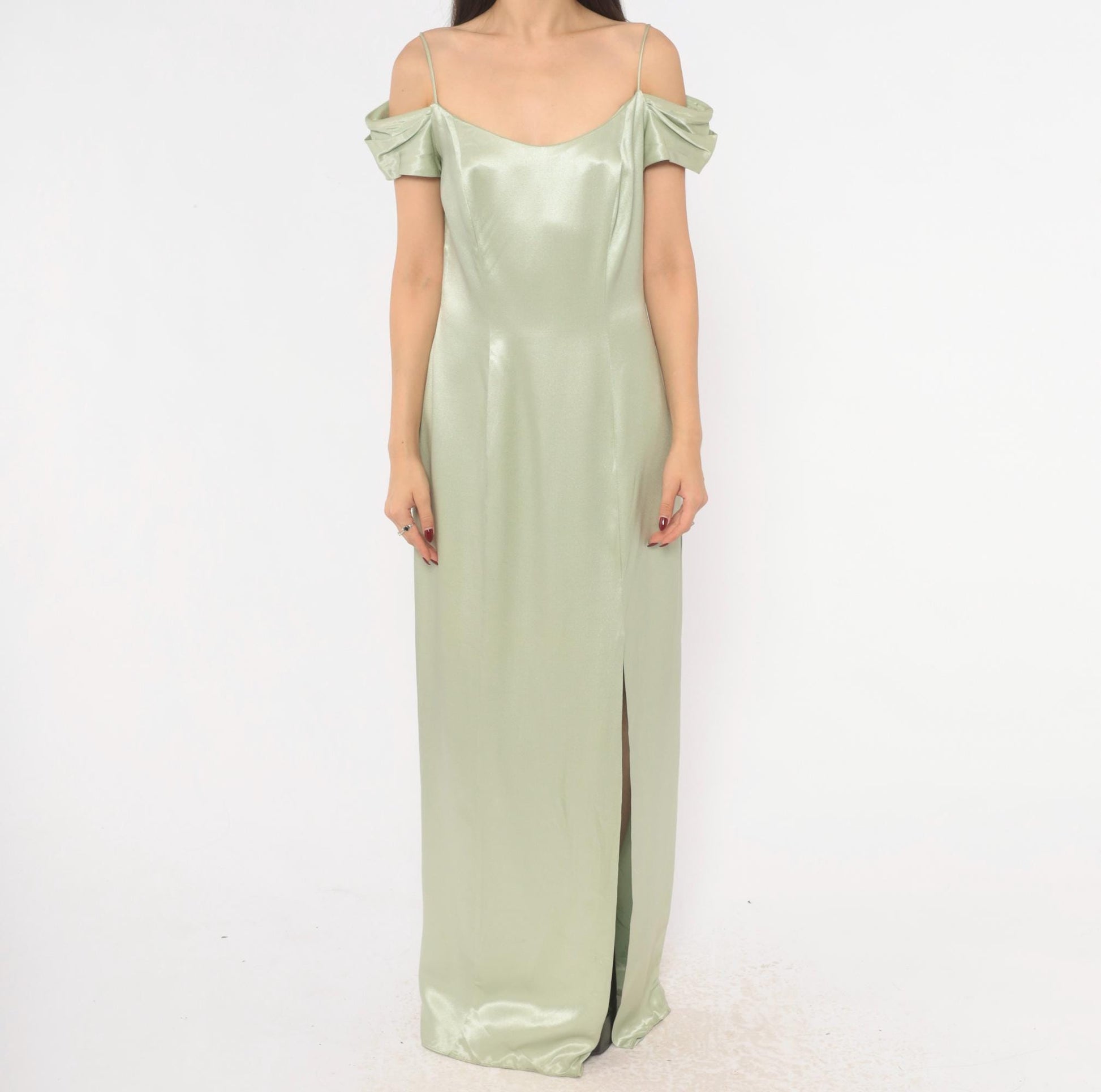 90s Bill Levkoff Sage Green Cold Shoulder Maxi Gown Medium M