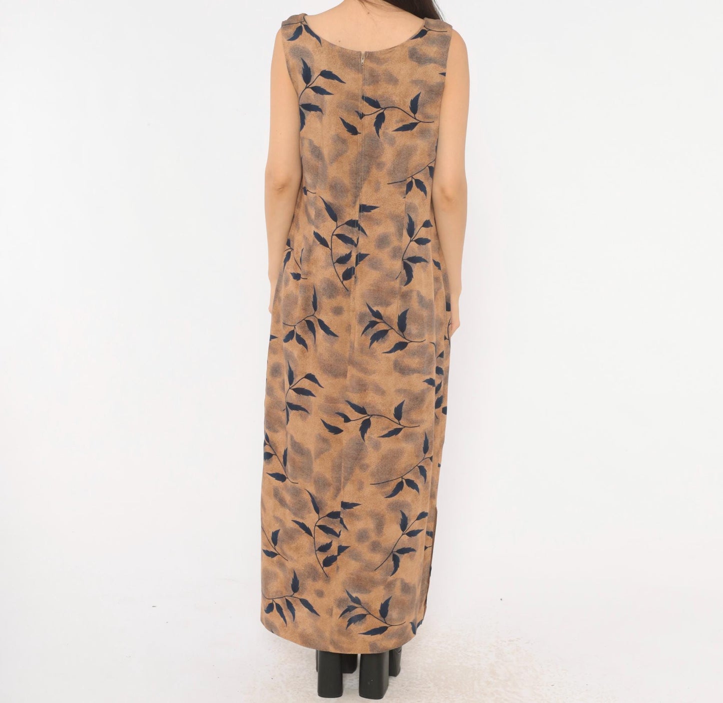 90s Miss Dorby Leaf Print Maxi Dress Tan Navy Sleeveless Medium M