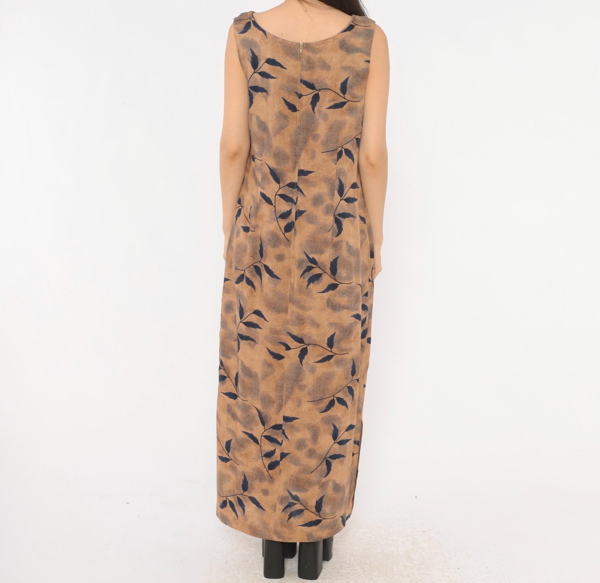 90s Miss Dorby Leaf Print Maxi Dress Tan Navy Sleeveless Medium M