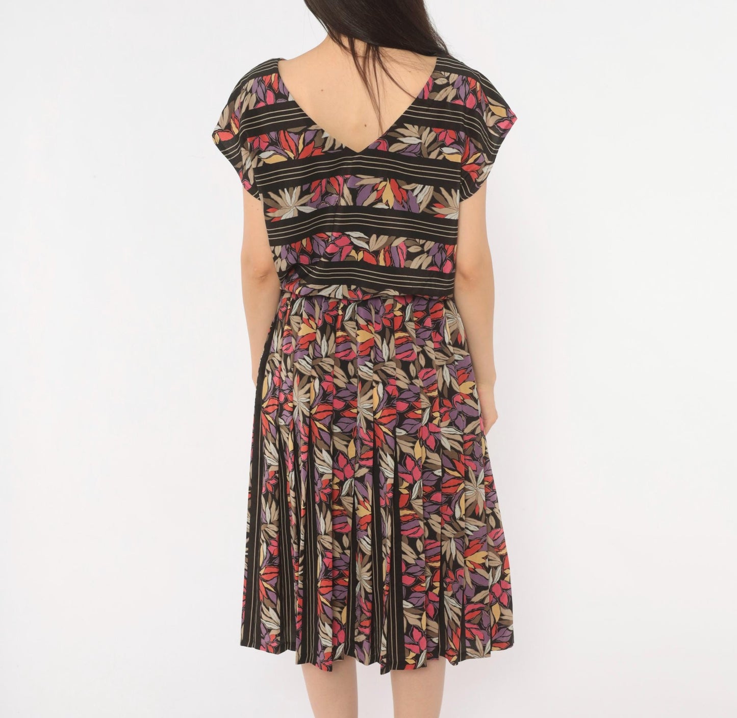 80s Secrets Botanical Leaf Print Midi Dress Black Cap Sleeve Drop Waist Small