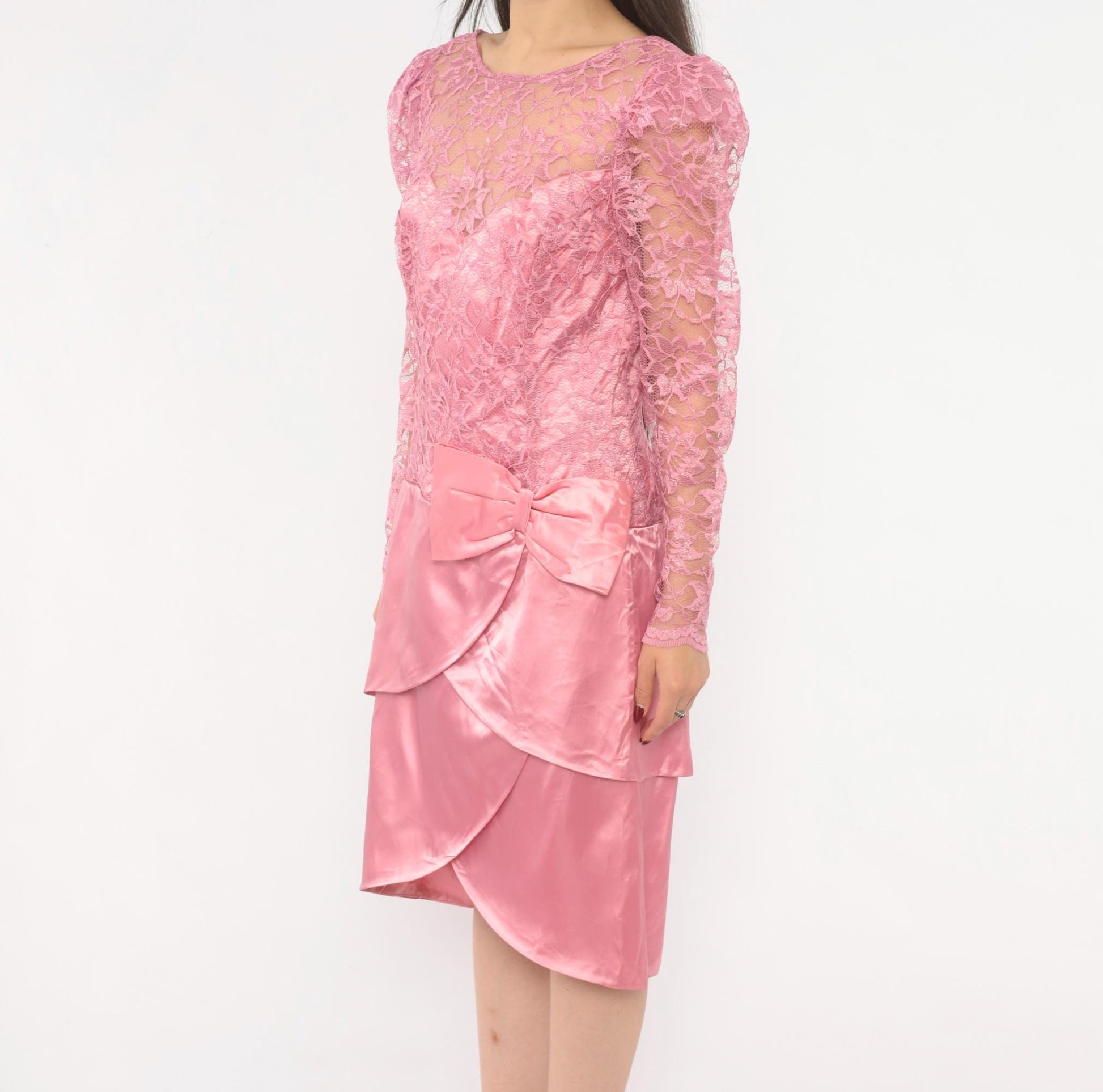 80s Pink Lace Satin Dress Puff Sleeve Bow Tiered Tulip Skirt Large L
