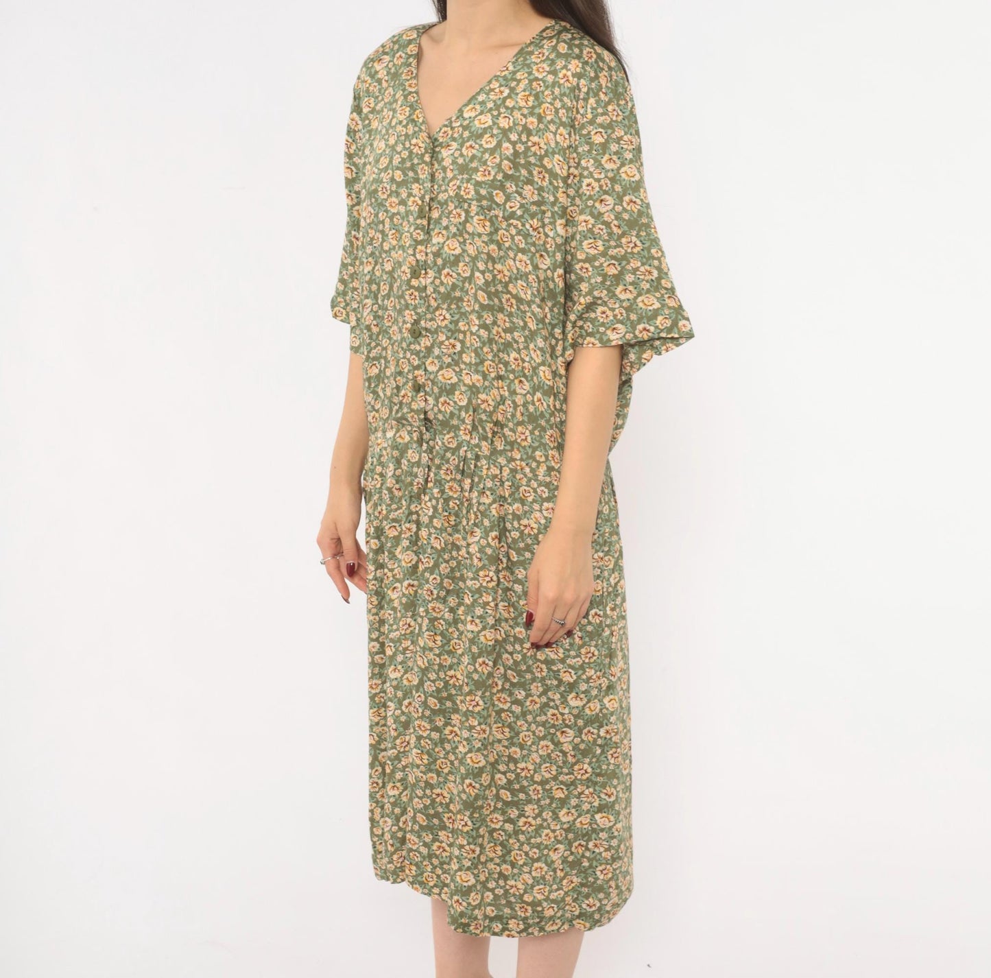 90s Westport Ltd. Floral Midi Romper Button Front Calico Print Olive Cream Extra Large XXL