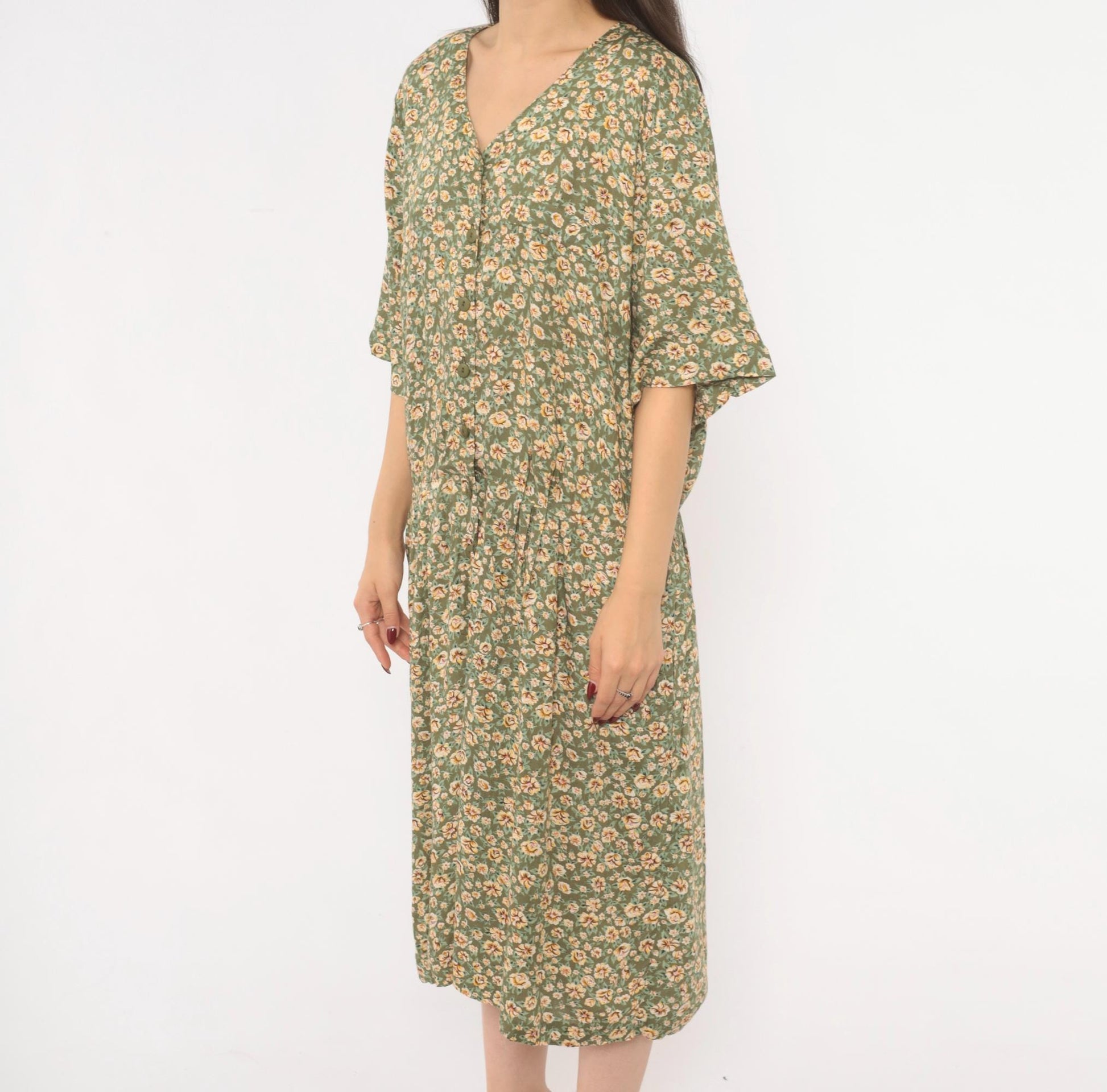 90s Westport Ltd. Floral Midi Romper Button Front Calico Print Olive Cream Extra Large XXL