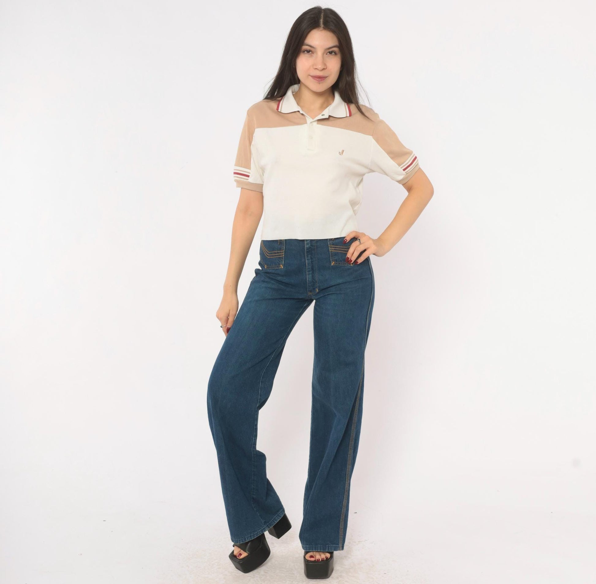 80s Jantzen Polo Cream Tan Color Block Snap Button Knit Top Small S