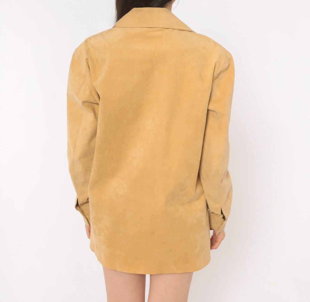 70s Tan Faux Suede Lace-Up Tunic Shirt Pointed Collar Long Sleeve Large L