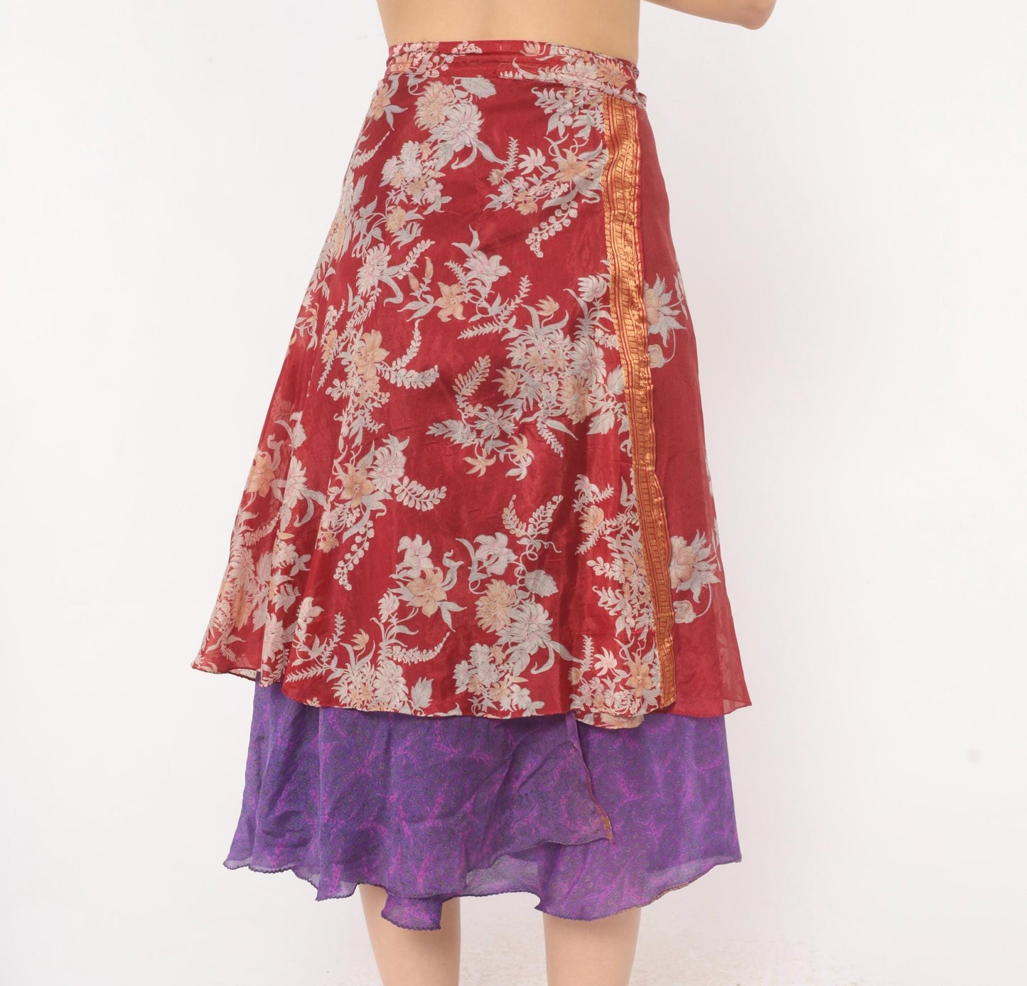 Y2K Kariza Silk Wrap Skirt Burgundy Floral Purple Double Layer Small Medium