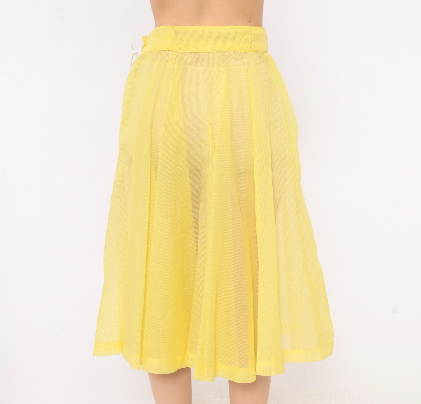 80s Yellow Sheer Circle Skirt Midi Ribbon Tie Lemon Chiffon Small