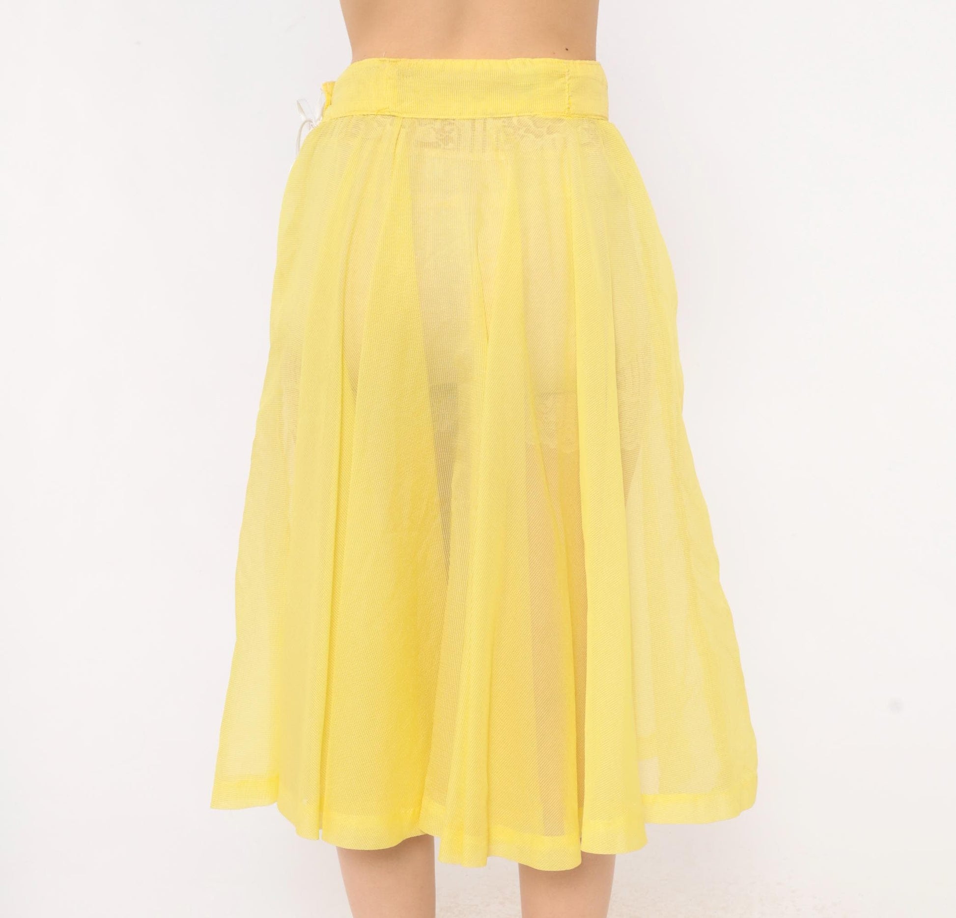 80s Yellow Sheer Circle Skirt Midi Ribbon Tie Lemon Chiffon Small