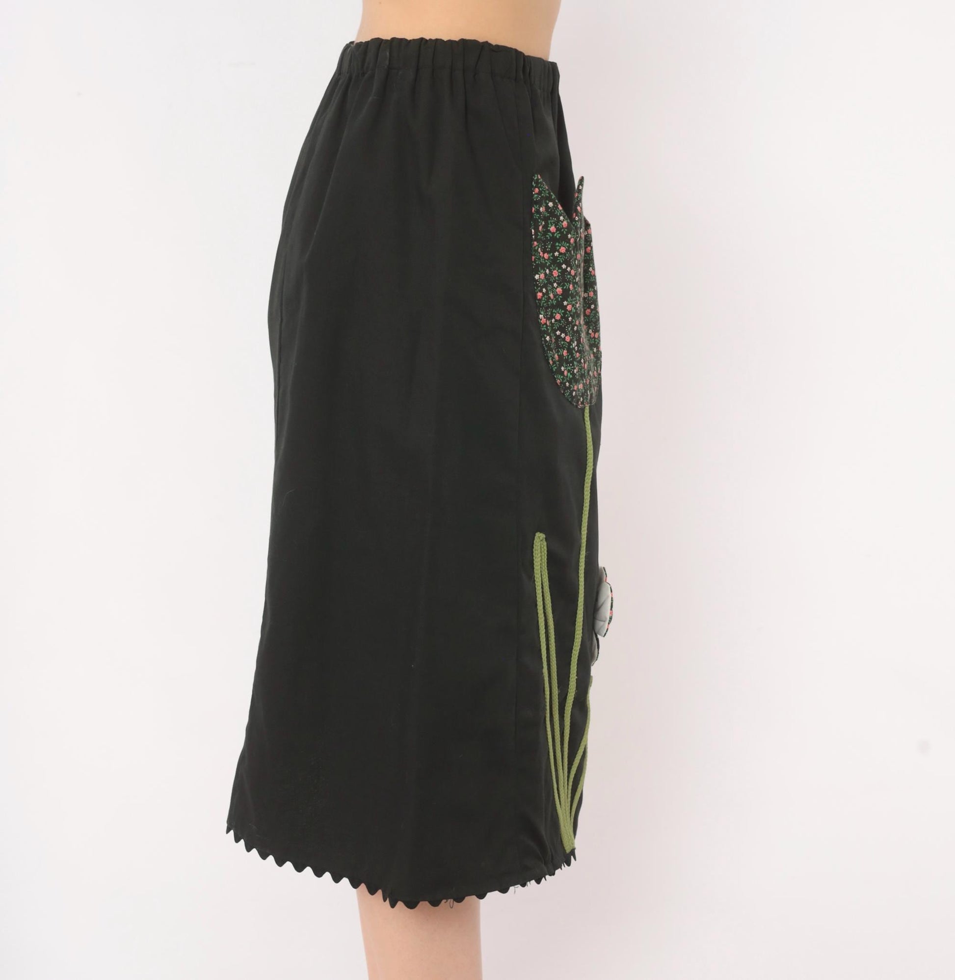 70s Black Floral Midi Skirt Tulip Pocket Patchwork A-Line Small