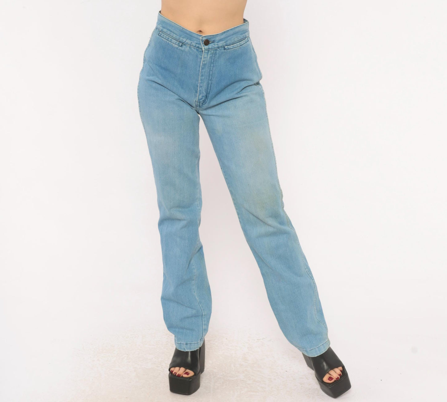 70s Glad Rags High Waist Straight Leg Jeans Light Blue Floral Embroidered Small