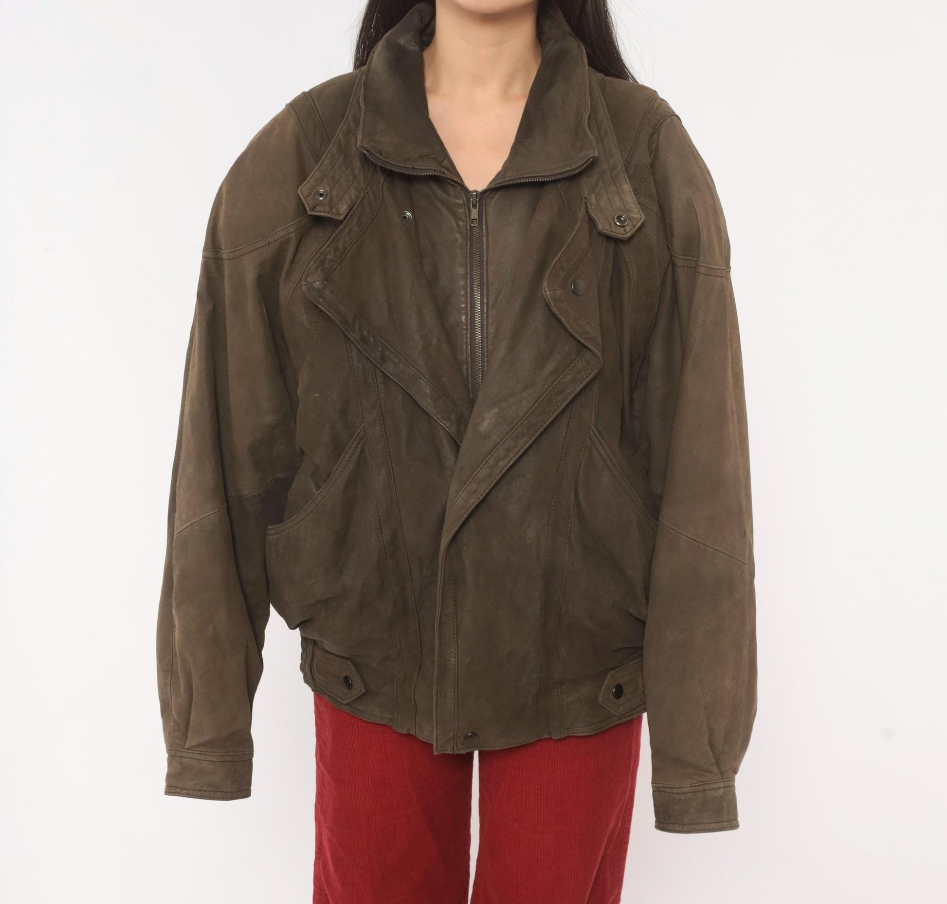 80s Pelle Studio Brown Leather Bomber Jacket Batwing Moto Large L